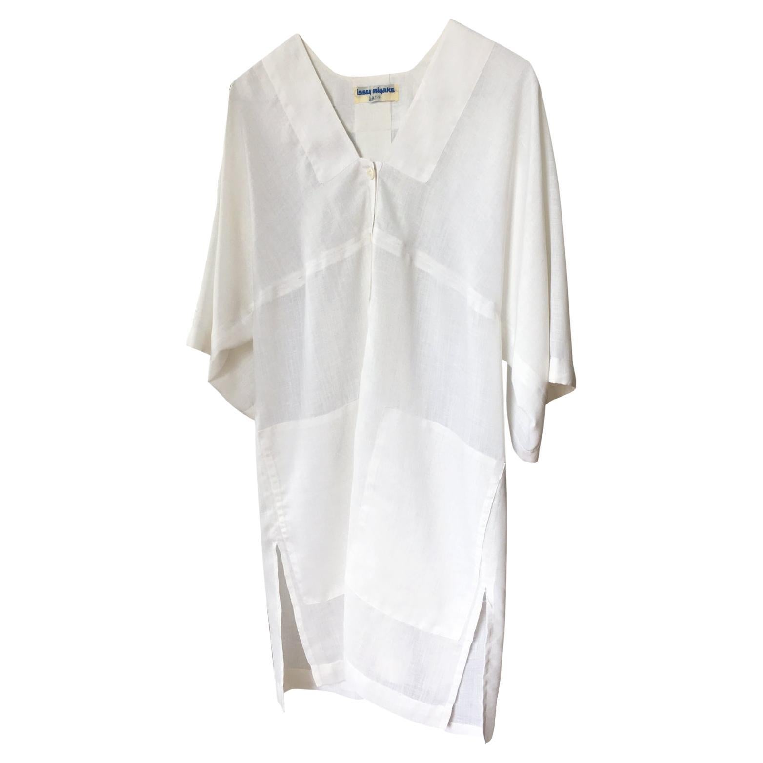 Early Issey Miyake White Linen Kaftan Long Shirt Paris 70s For Sale