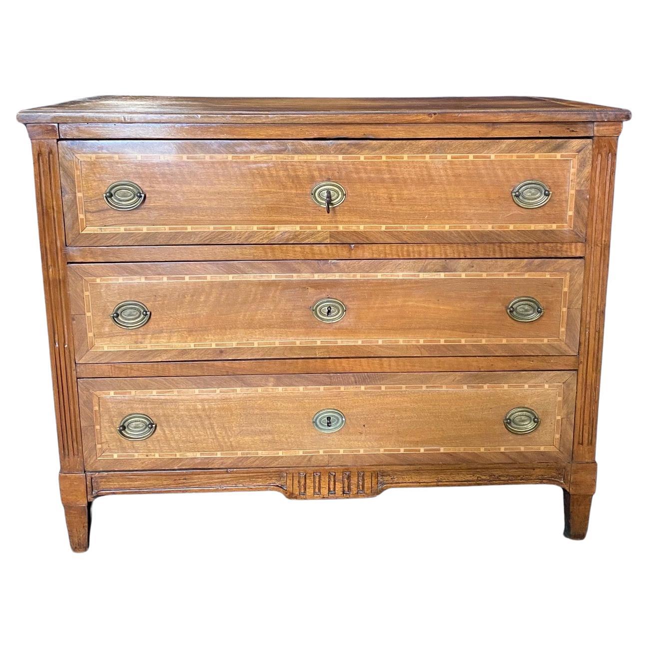 Early Italian 19th Century Inlaid Walnut and Fruitwood Commode Chest of Drawers