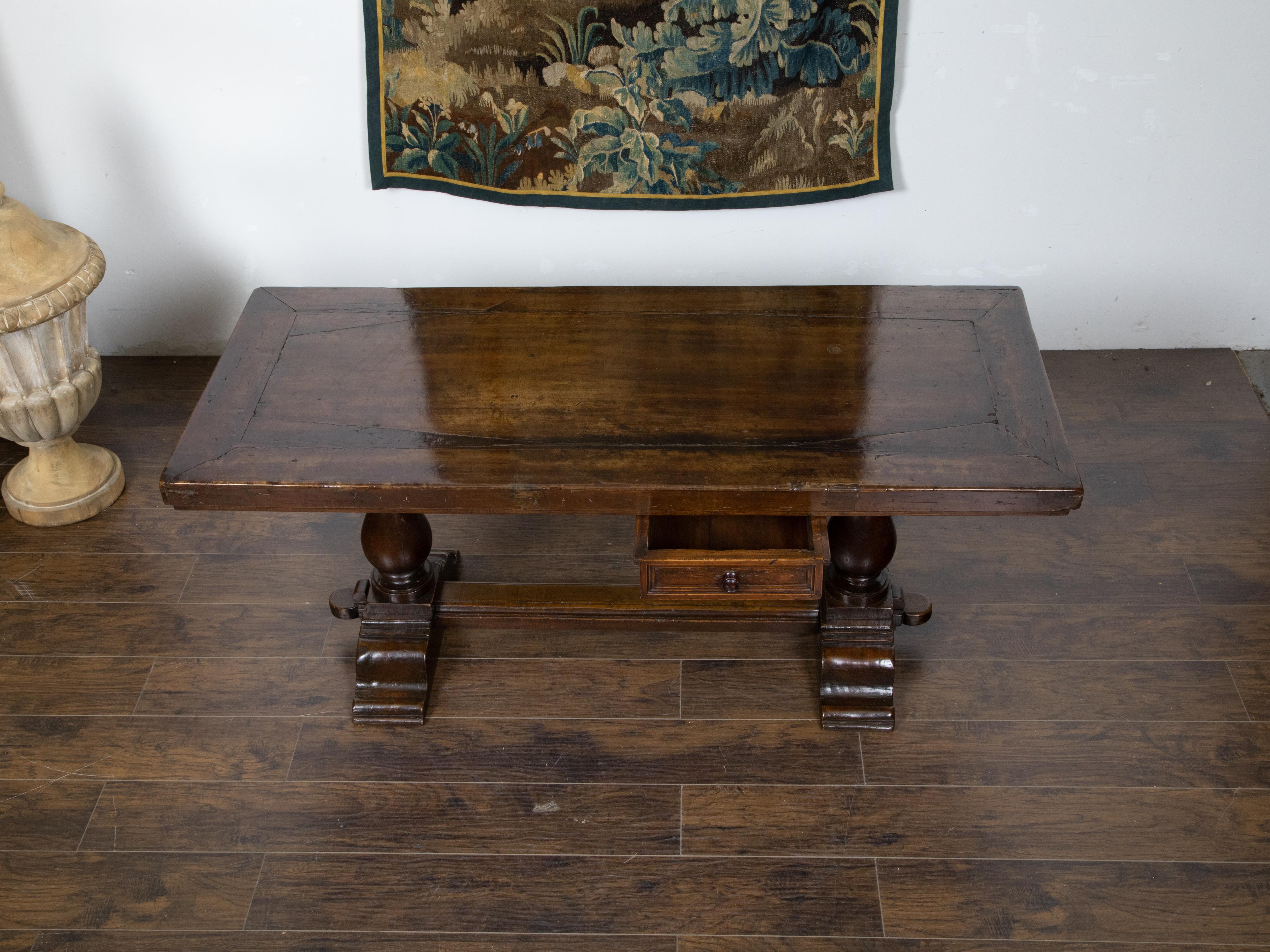 Early Italian 19th Century Walnut Table with Trestle Base and Single Drawer For Sale 6