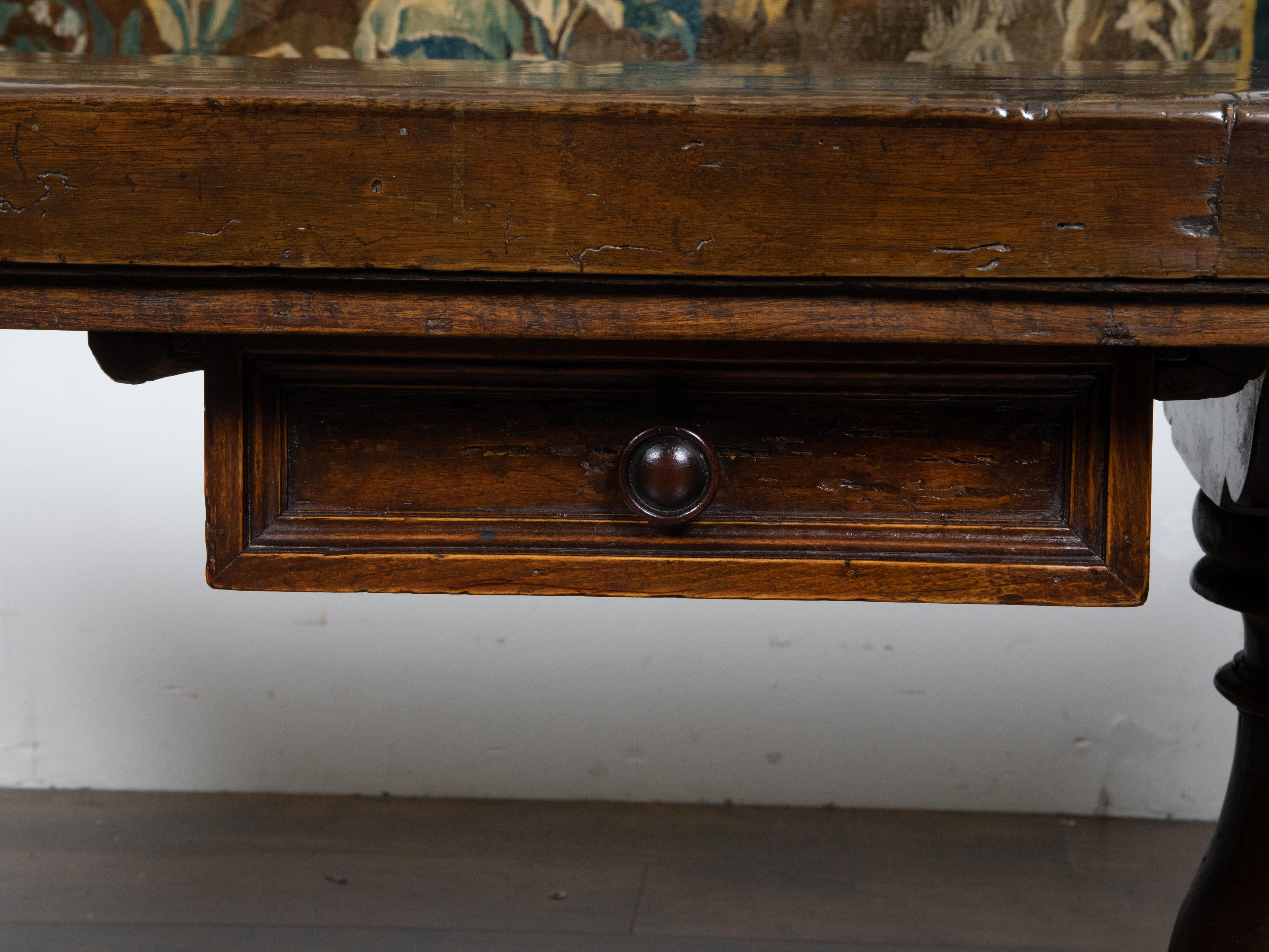 Early Italian 19th Century Walnut Table with Trestle Base and Single Drawer For Sale 9