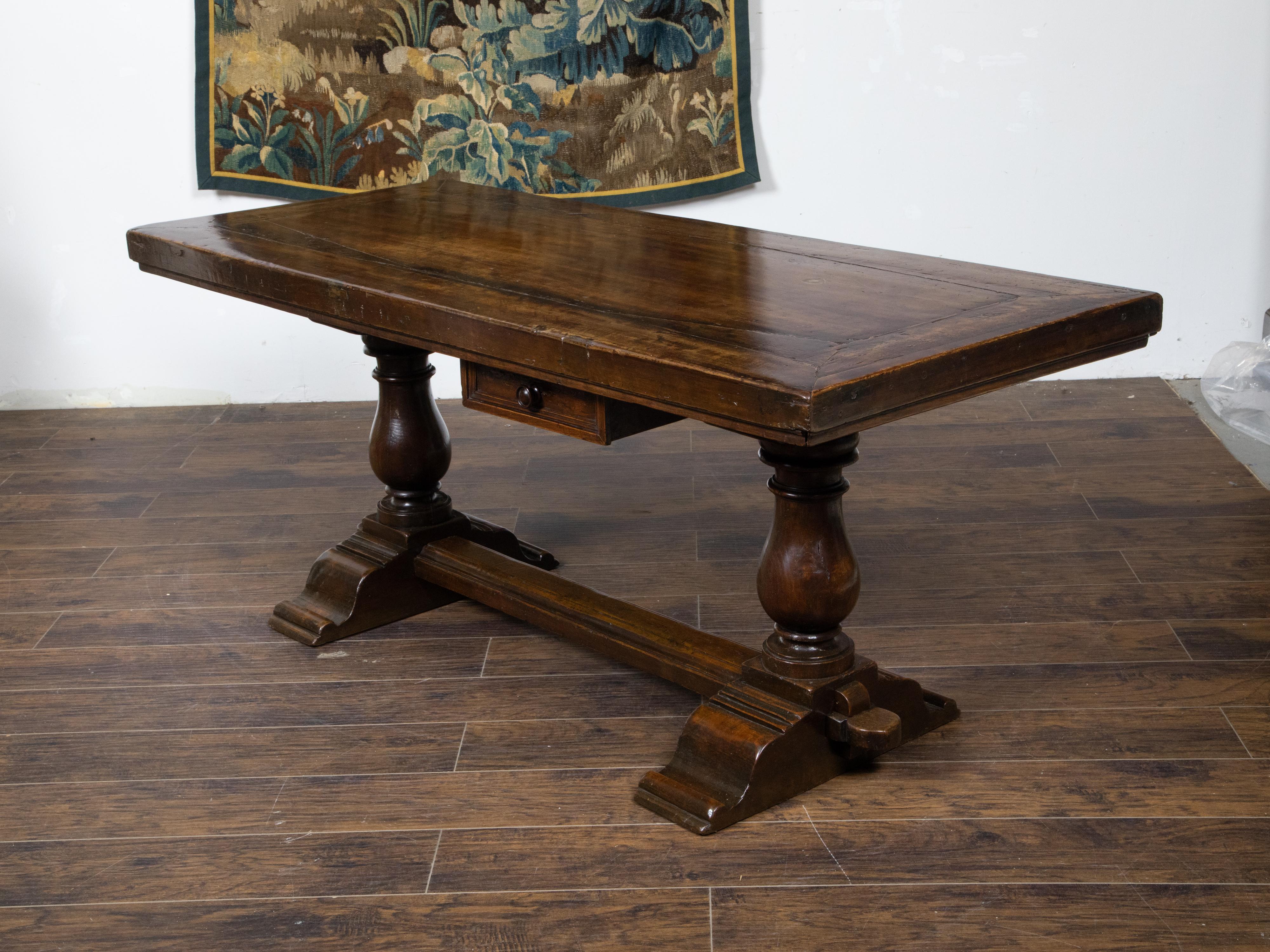 Early Italian 19th Century Walnut Table with Trestle Base and Single Drawer In Good Condition For Sale In Atlanta, GA