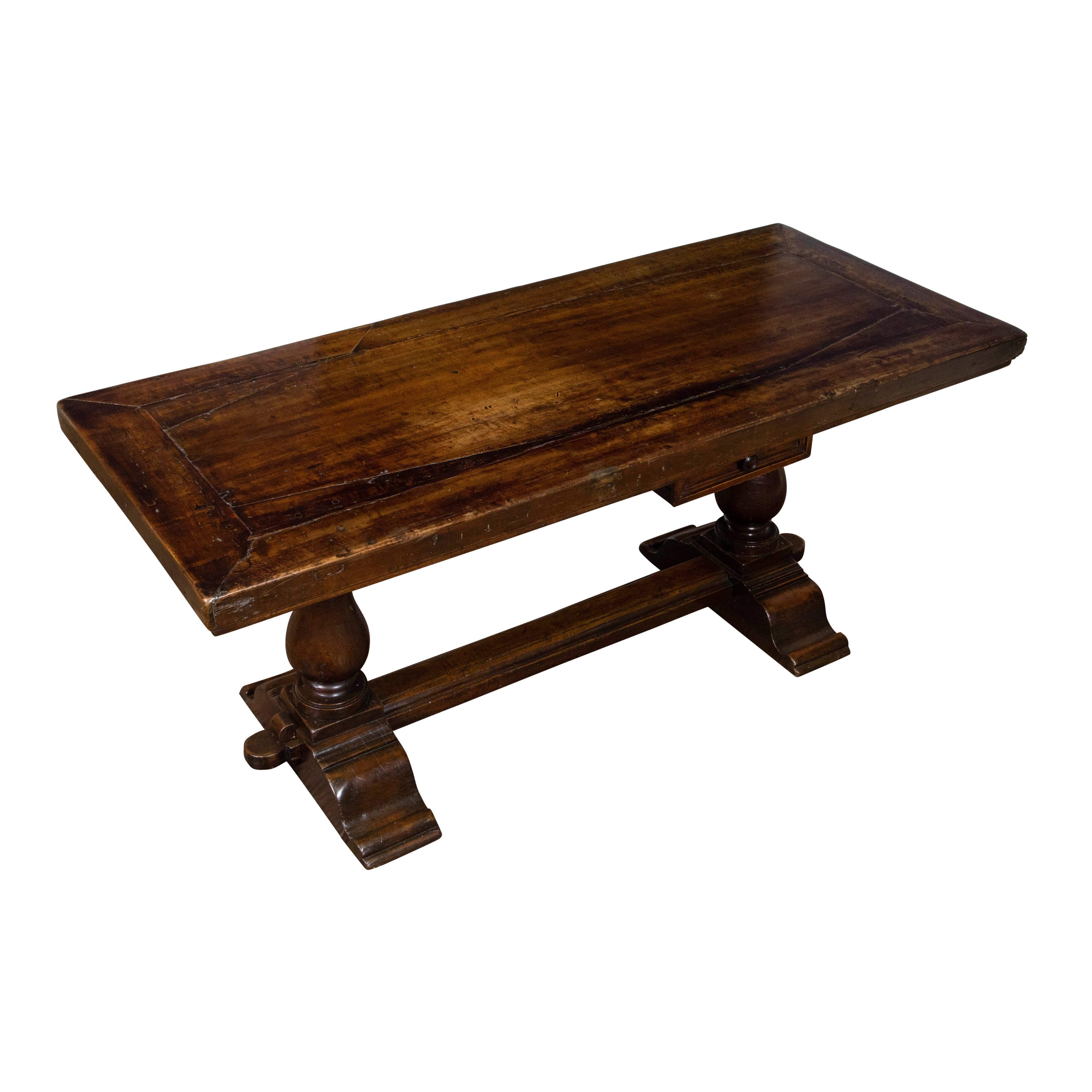 Early Italian 19th Century Walnut Table with Trestle Base and Single Drawer For Sale 3