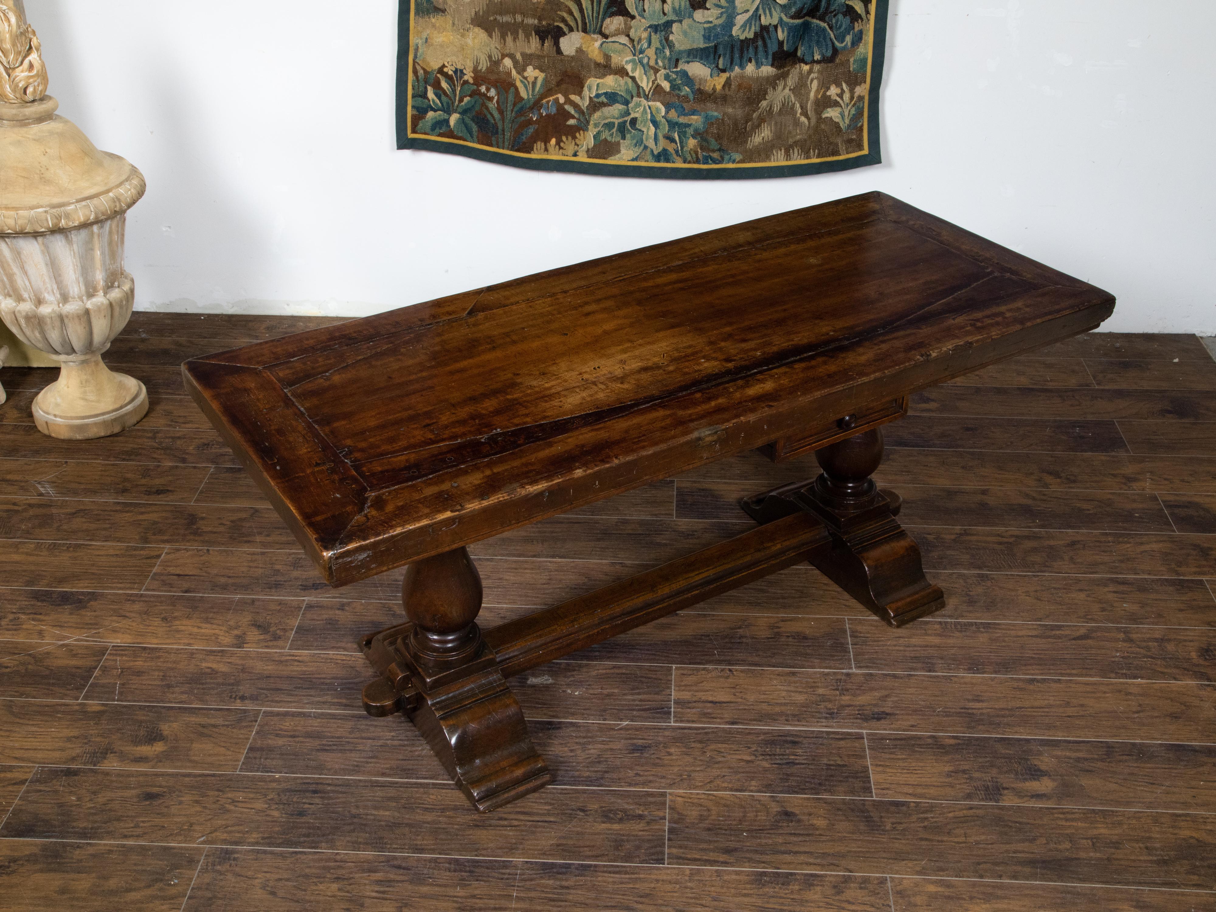 Early Italian 19th Century Walnut Table with Trestle Base and Single Drawer For Sale 4