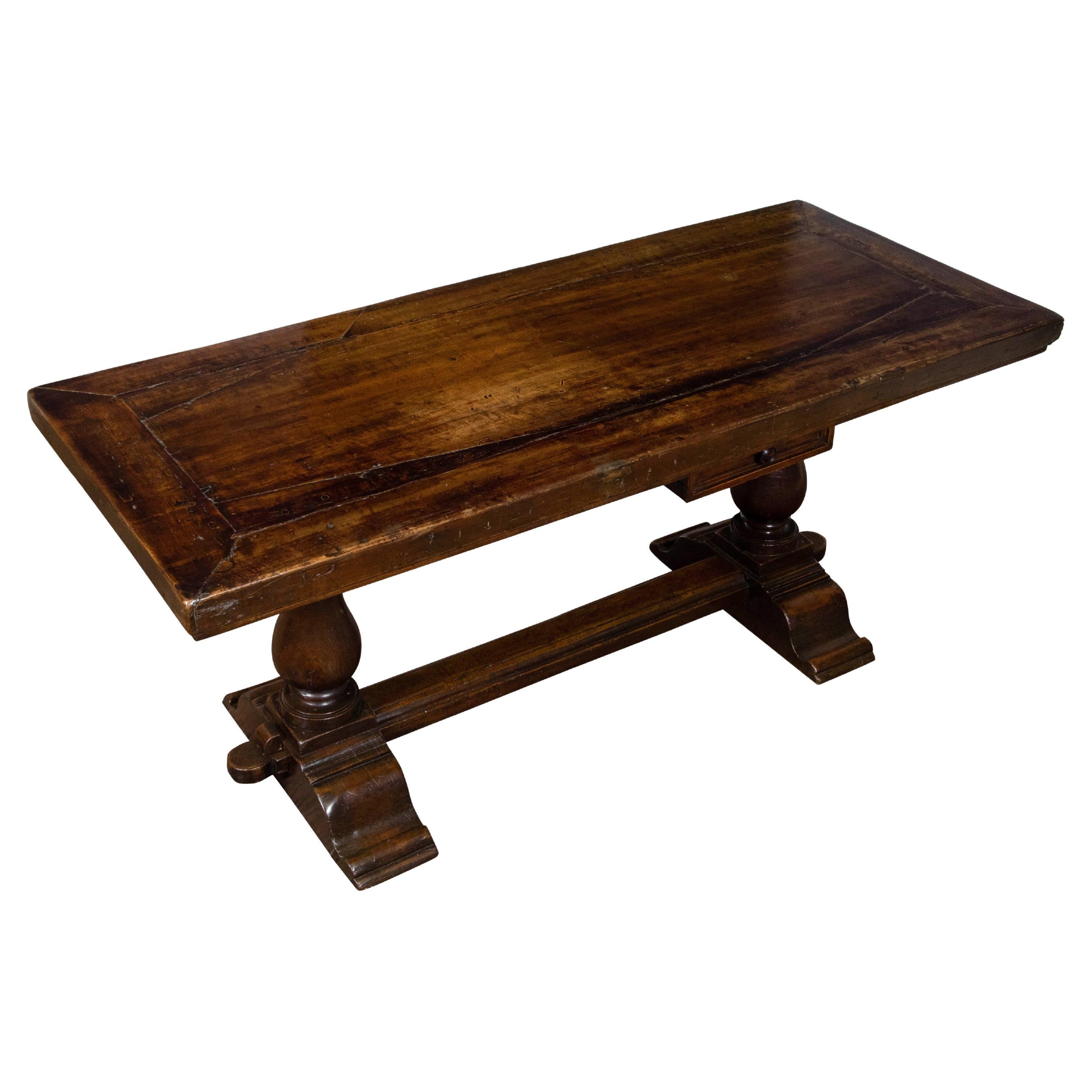 Early Italian 19th Century Walnut Table with Trestle Base and Single Drawer For Sale