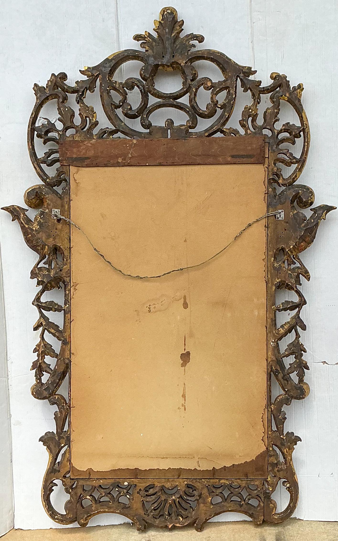 20th Century Early Italian Carved Giltwood Chinese Chippendale Style Mirror W/ Ho Ho Birds For Sale