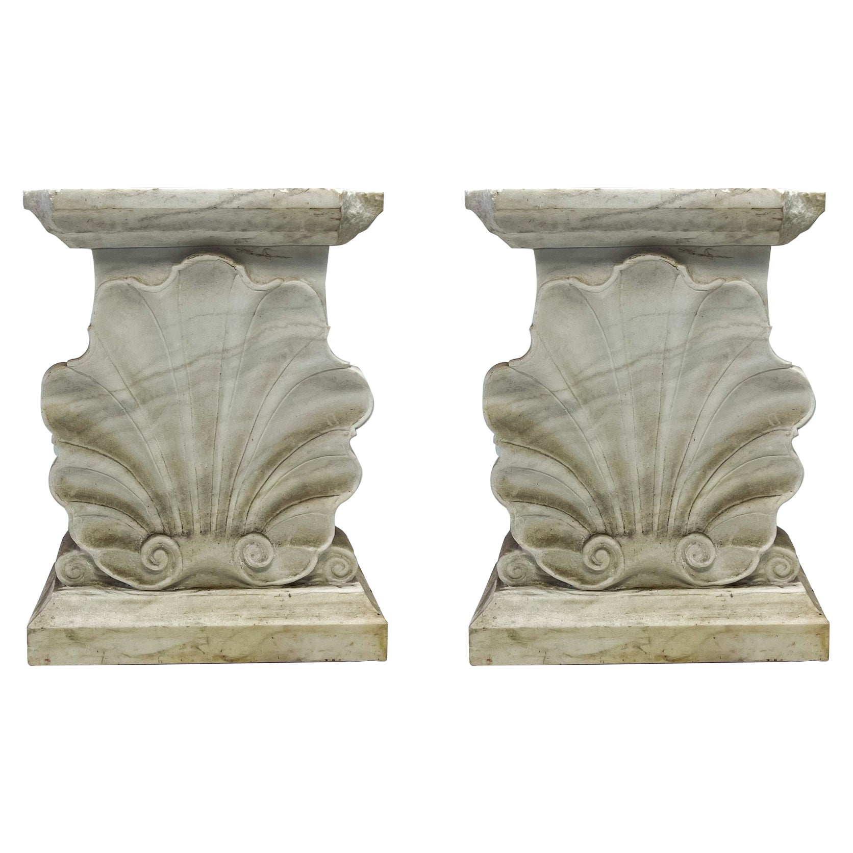 Early Italian Carved Marble Neo-Classical Style Shell Form Console Tables -Pair