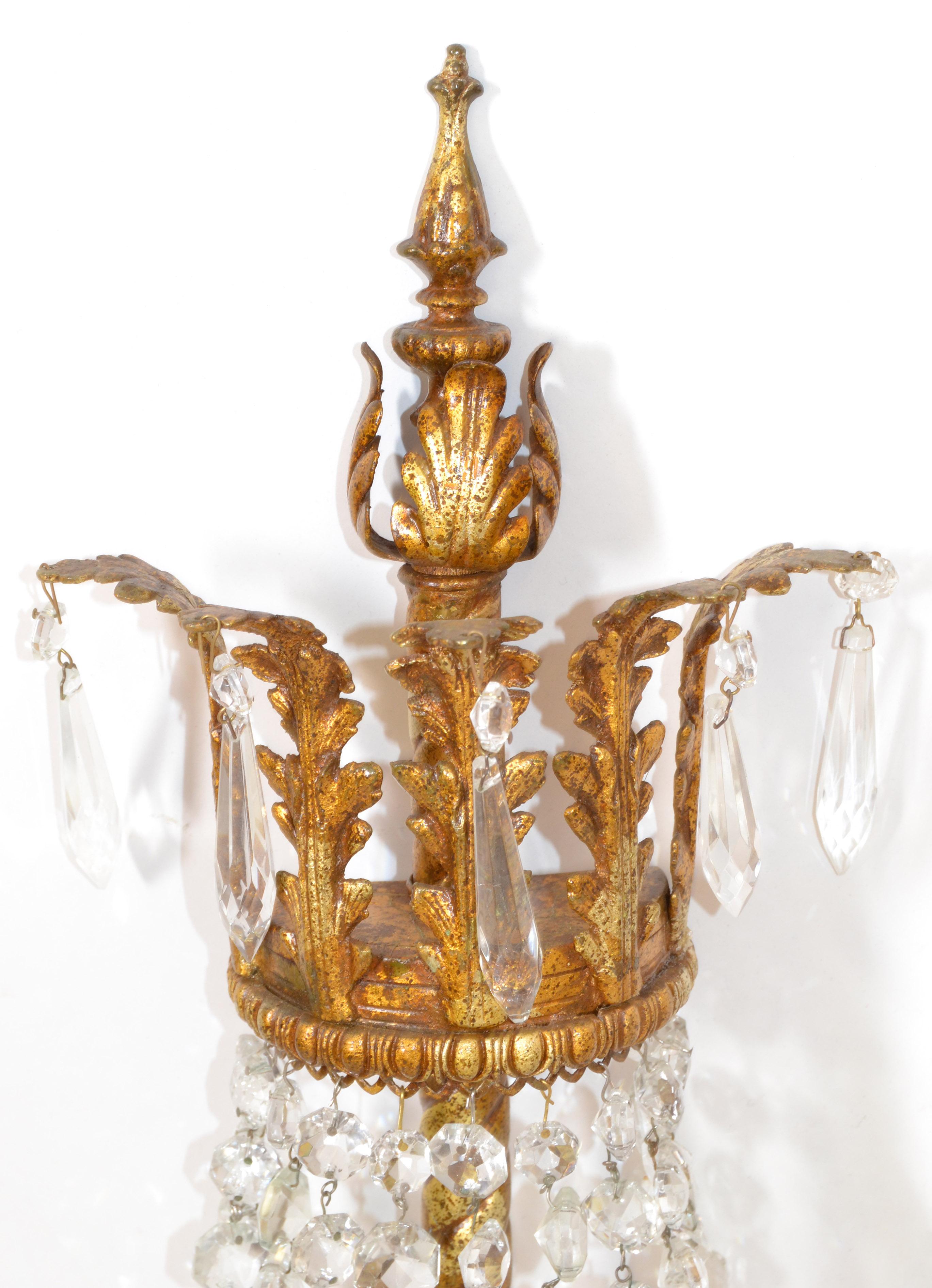 Early Italian Empire Style Gilt Metal Bronze & Crystal 2 Lights Sconce Wall Lamp For Sale 1