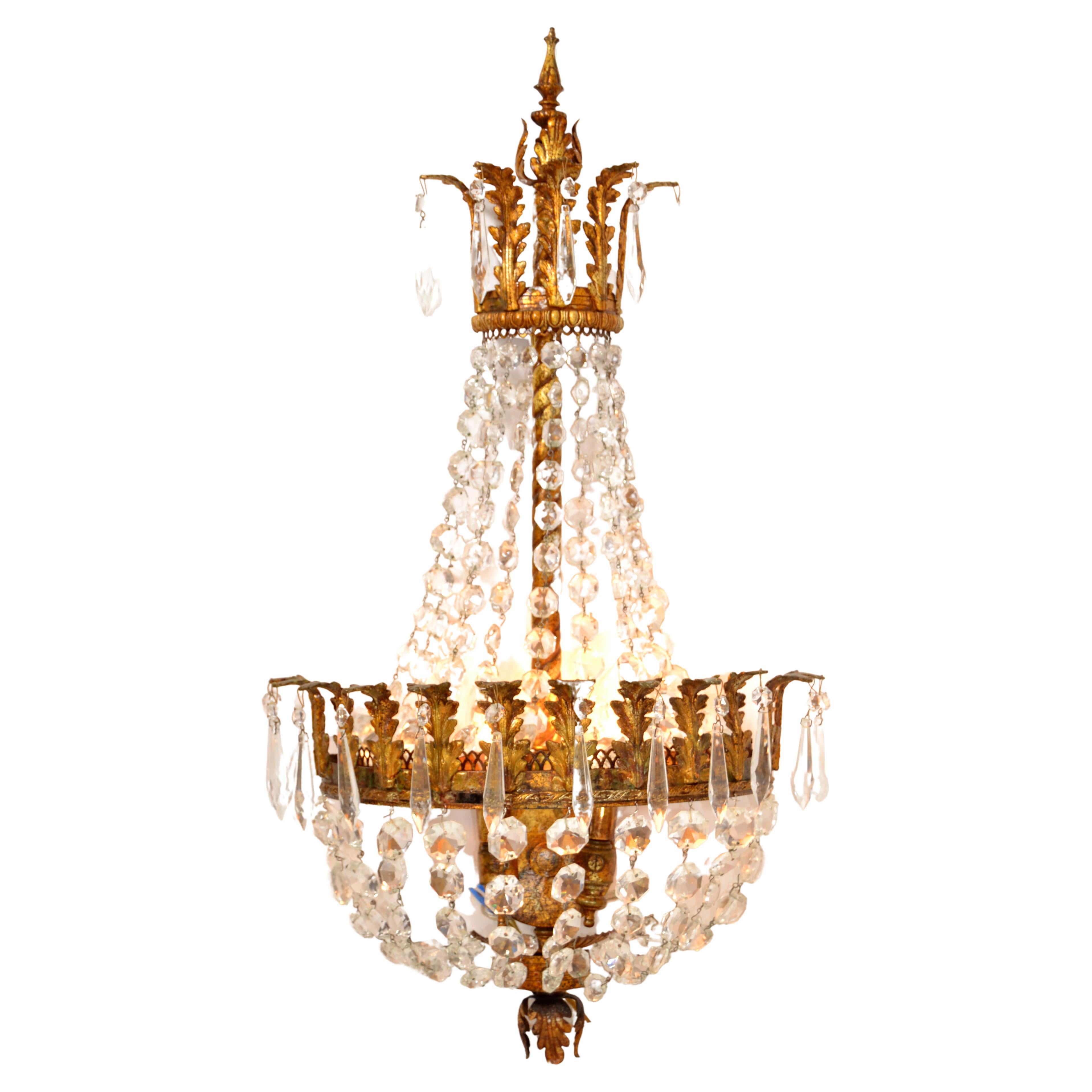 Early Italian Empire Style Gilt Metal Bronze & Crystal 2 Lights Sconce Wall Lamp For Sale