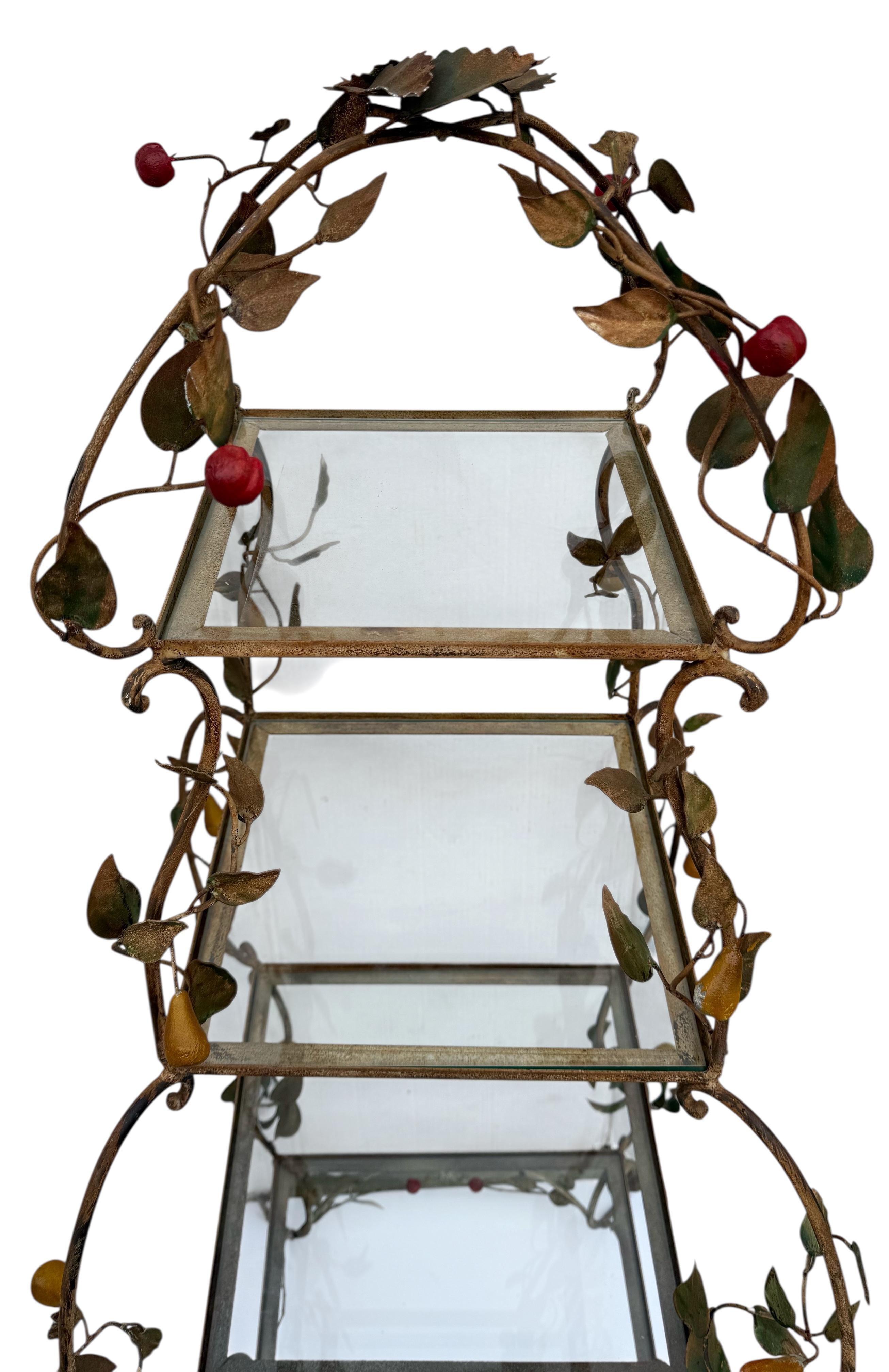 Hollywood Regency Early Italian Metal Tole Garden Etagere Or Shelf W/ Lemons, Pears, and Cherries For Sale