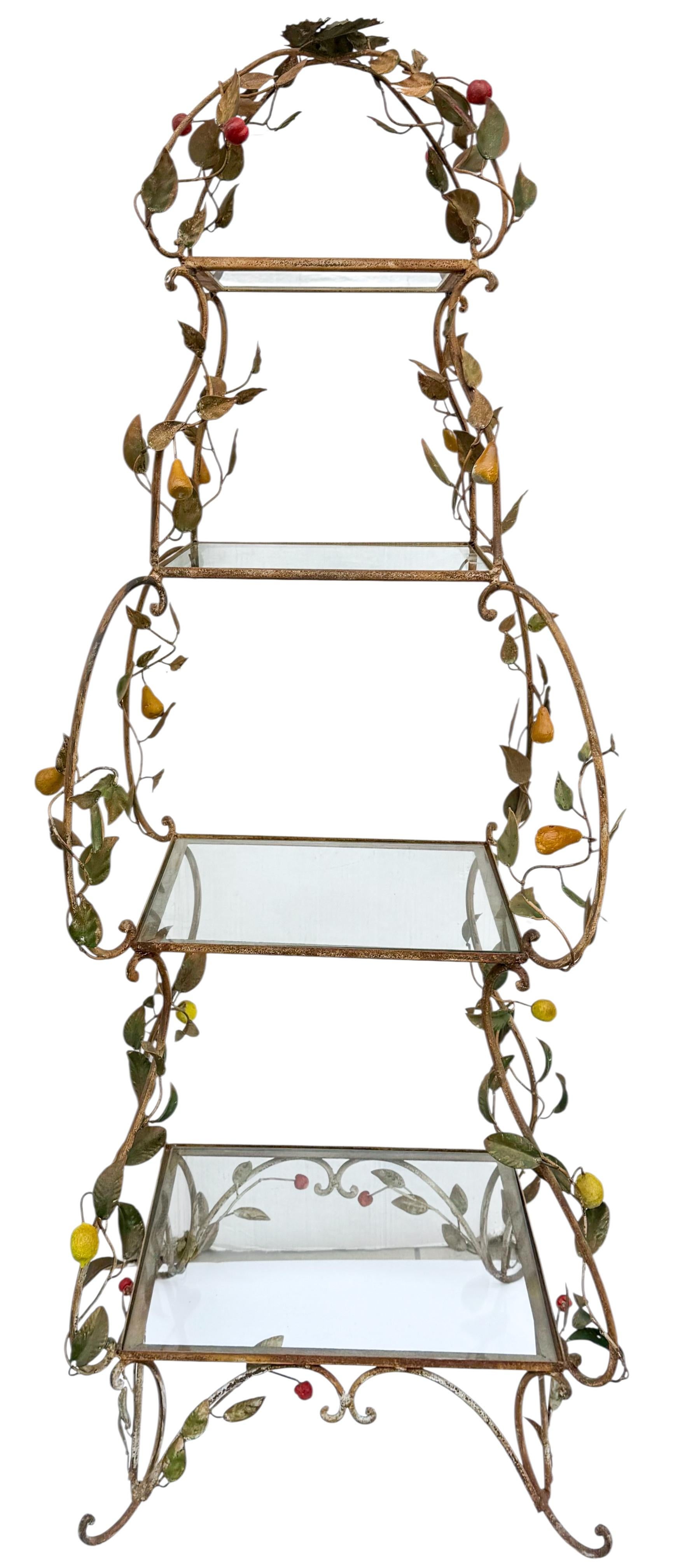 Early Italian Metal Tole Garden Etagere Or Shelf W/ Lemons, Pears, and Cherries In Good Condition For Sale In Kennesaw, GA