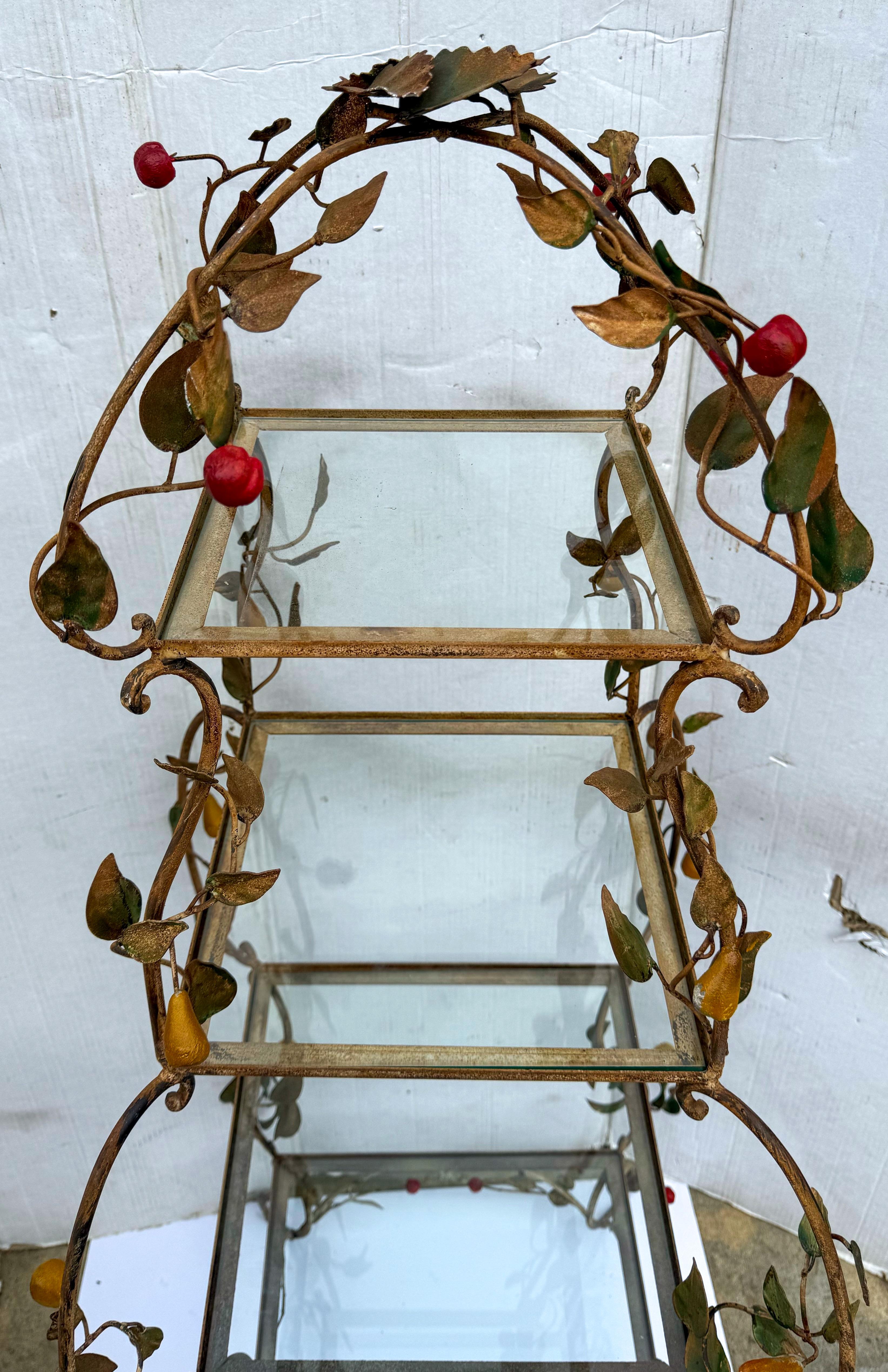 20th Century Early Italian Metal Tole Garden Etagere Or Shelf W/ Lemons, Pears, and Cherries For Sale