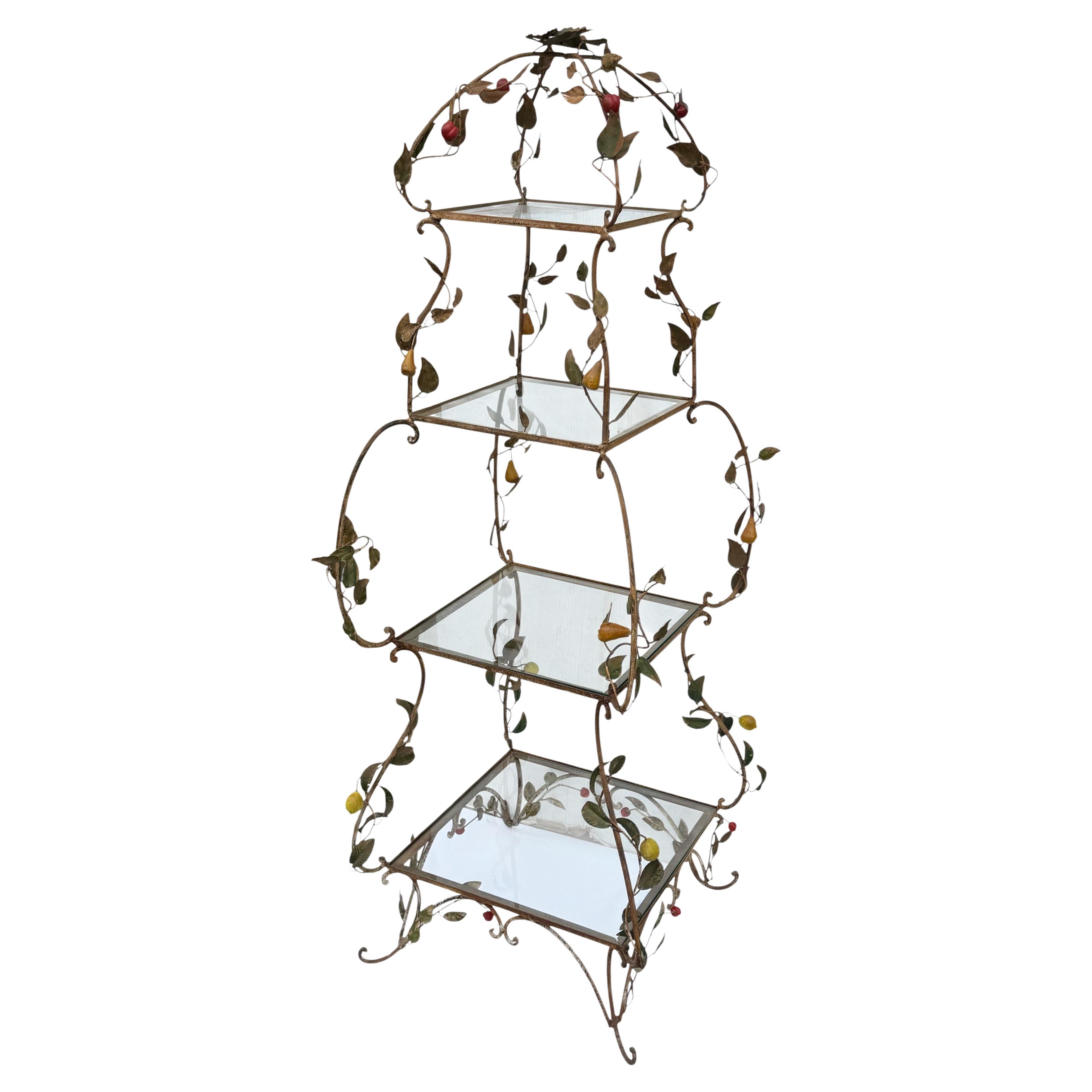 Early Italian Metal Tole Garden Etagere Or Shelf W/ Lemons, Pears, and Cherries For Sale