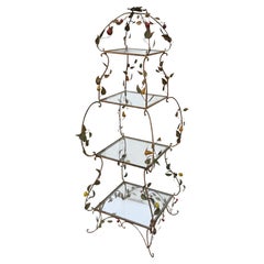 Antique Early Italian Metal Tole Garden Etagere Or Shelf W/ Lemons, Pears, and Cherries