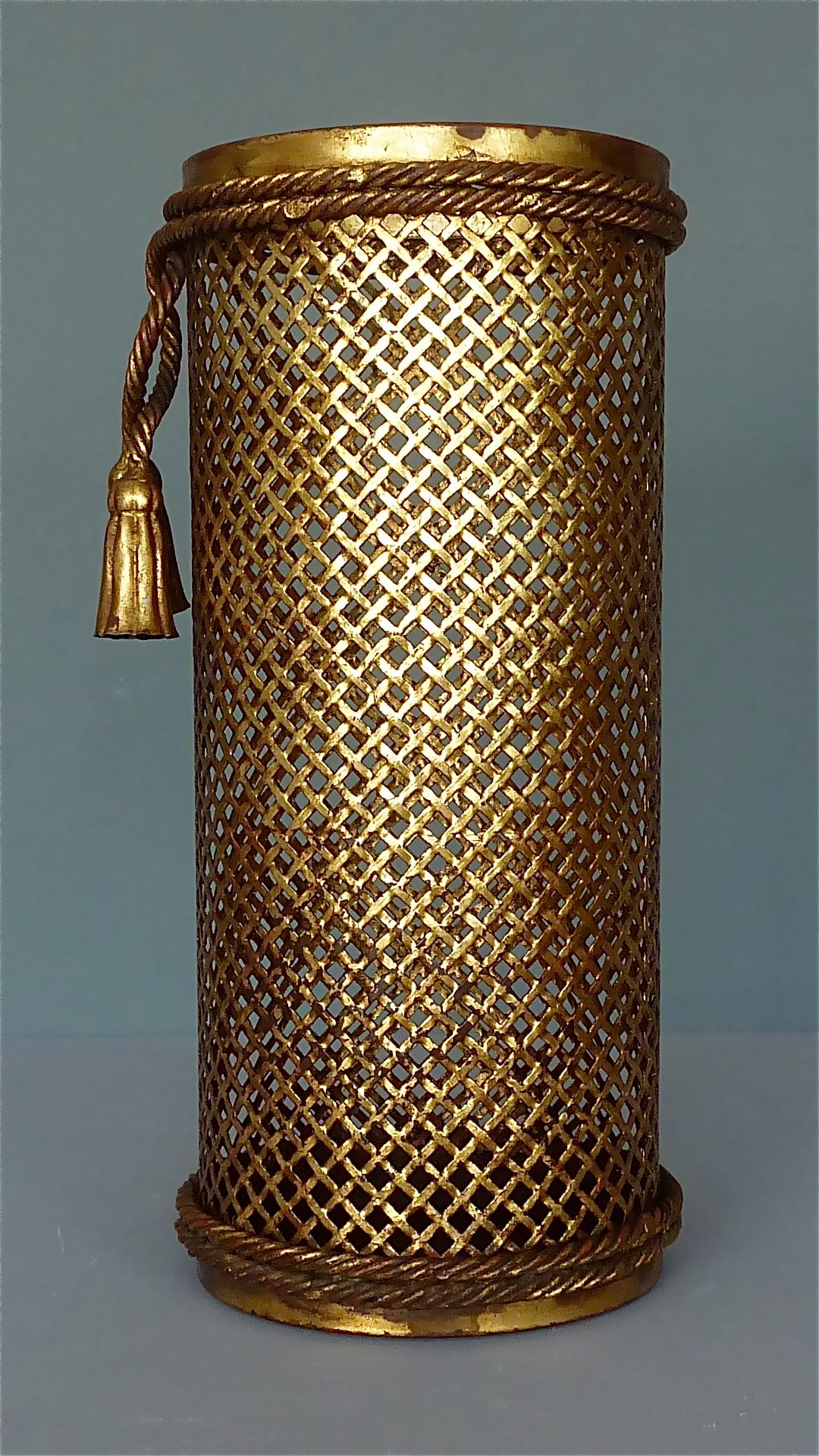 Early Italian Midcentury Umbrella Stand Basket Gilt Woven Metal Hans Kögl, 1950s For Sale 5