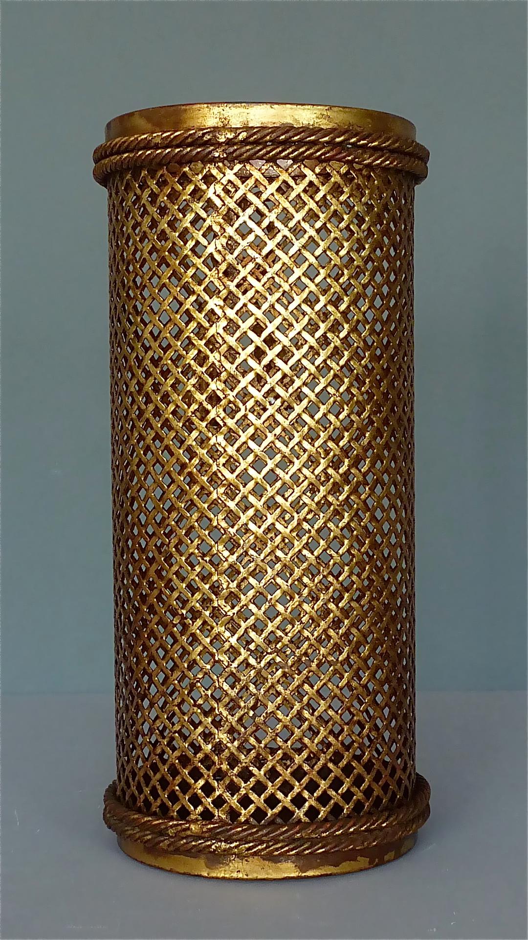 Early Italian Midcentury Umbrella Stand Basket Gilt Woven Metal Hans Kögl, 1950s For Sale 6