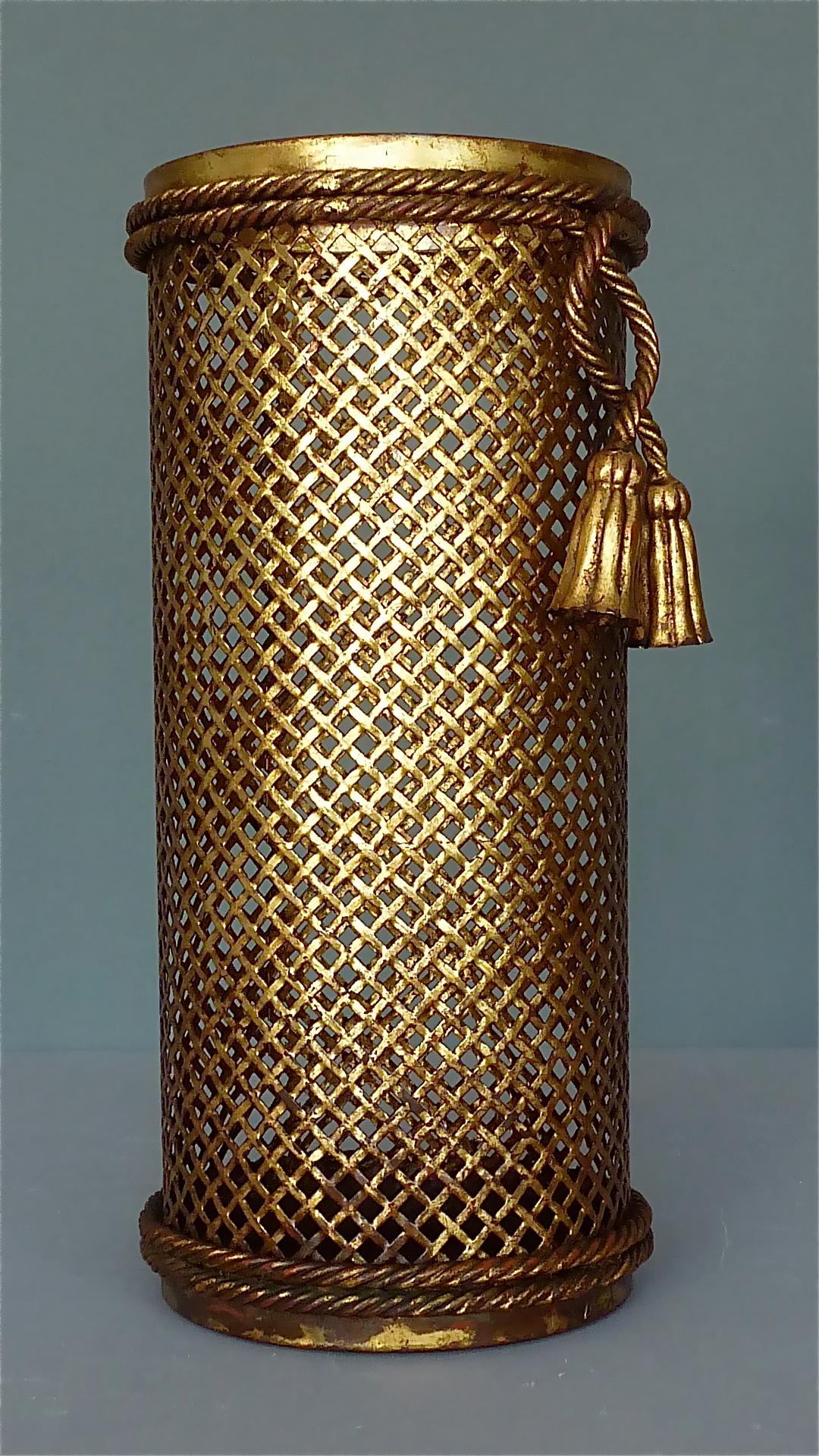 Early Italian Midcentury Umbrella Stand Basket Gilt Woven Metal Hans Kögl, 1950s For Sale 8