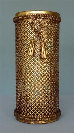 Early Italian Midcentury Umbrella Stand Basket Gilt Woven Metal Hans Kögl, 1950s