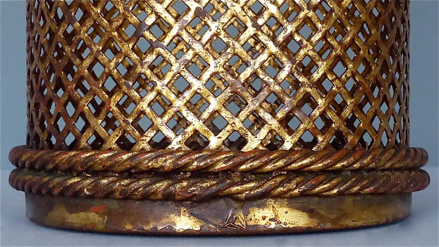 Mid-Century Modern Early Italian Midcentury Umbrella Stand Basket Gilt Woven Metal Hans Kögl, 1950s For Sale