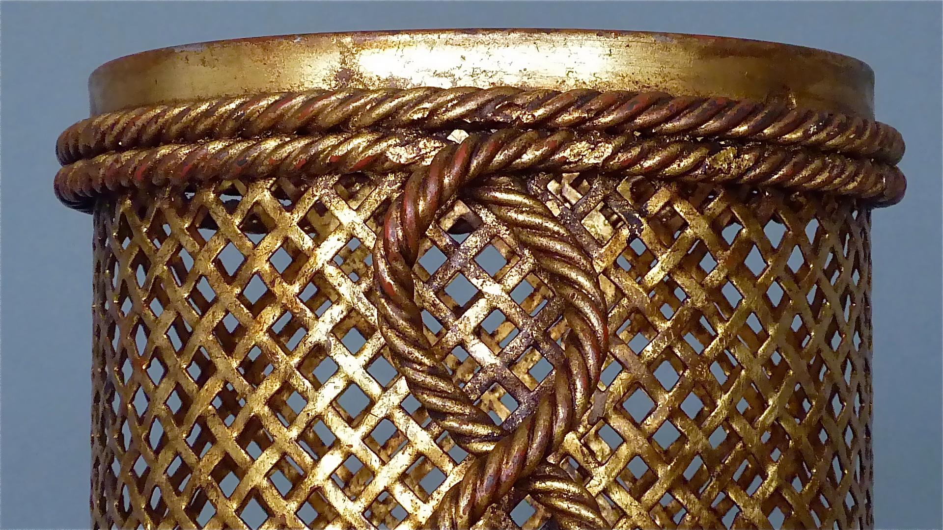 Mid-20th Century Early Italian Midcentury Umbrella Stand Basket Gilt Woven Metal Hans Kögl, 1950s For Sale