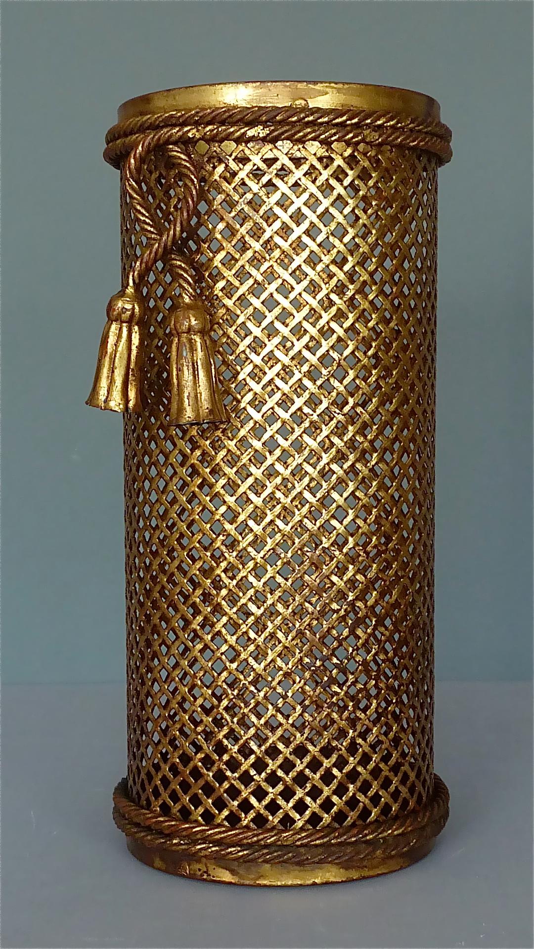 Early Italian Midcentury Umbrella Stand Basket Gilt Woven Metal Hans Kögl, 1950s For Sale 4