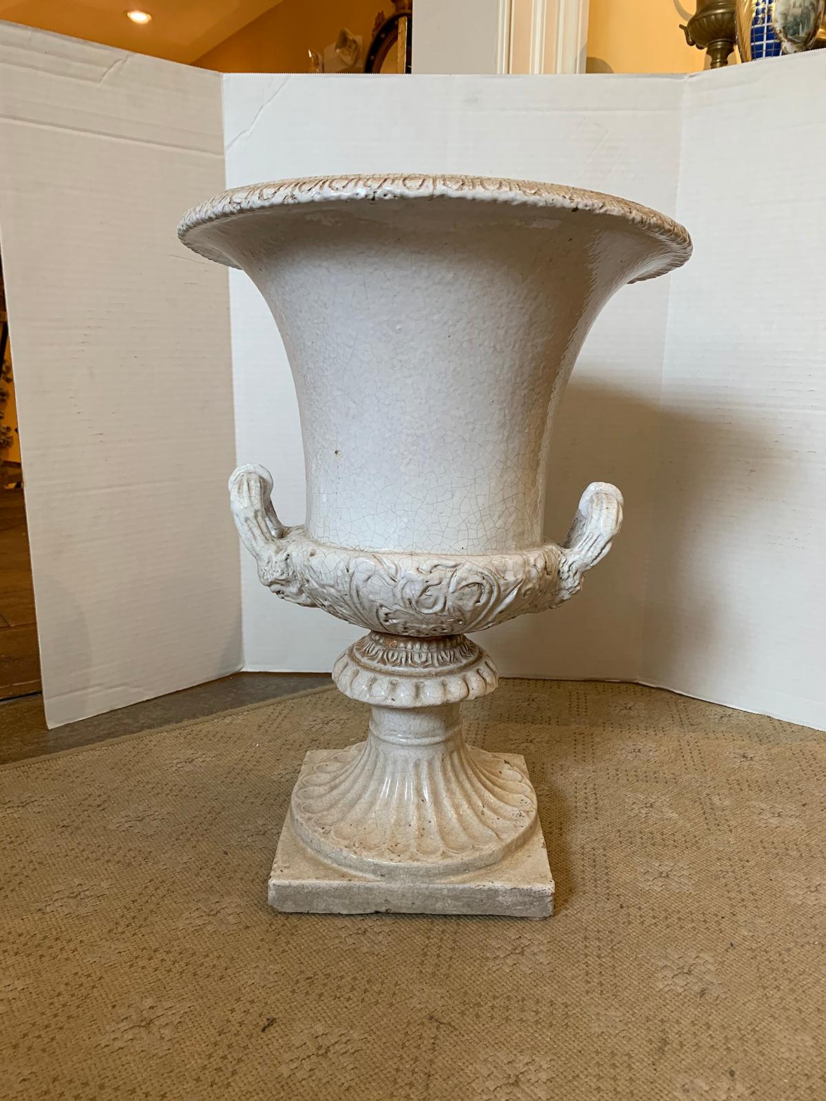 20th century circa 1920s Italian neoclassical glazed terracotta Campagne shape urn with Gadroon edge, unmarked.