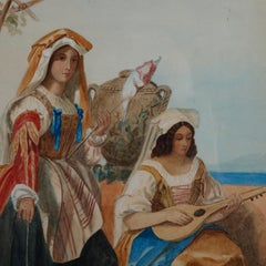 Early Italian Watercolor Genre Painting with Women and Children, circa 1850