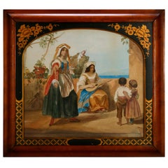 Early Italian Watercolor Genre Painting with Women and Children, circa 1850