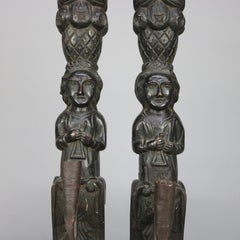 Early Jacobean Tudor Figural Carved Oak & Handwrought Iron Wall Sconces