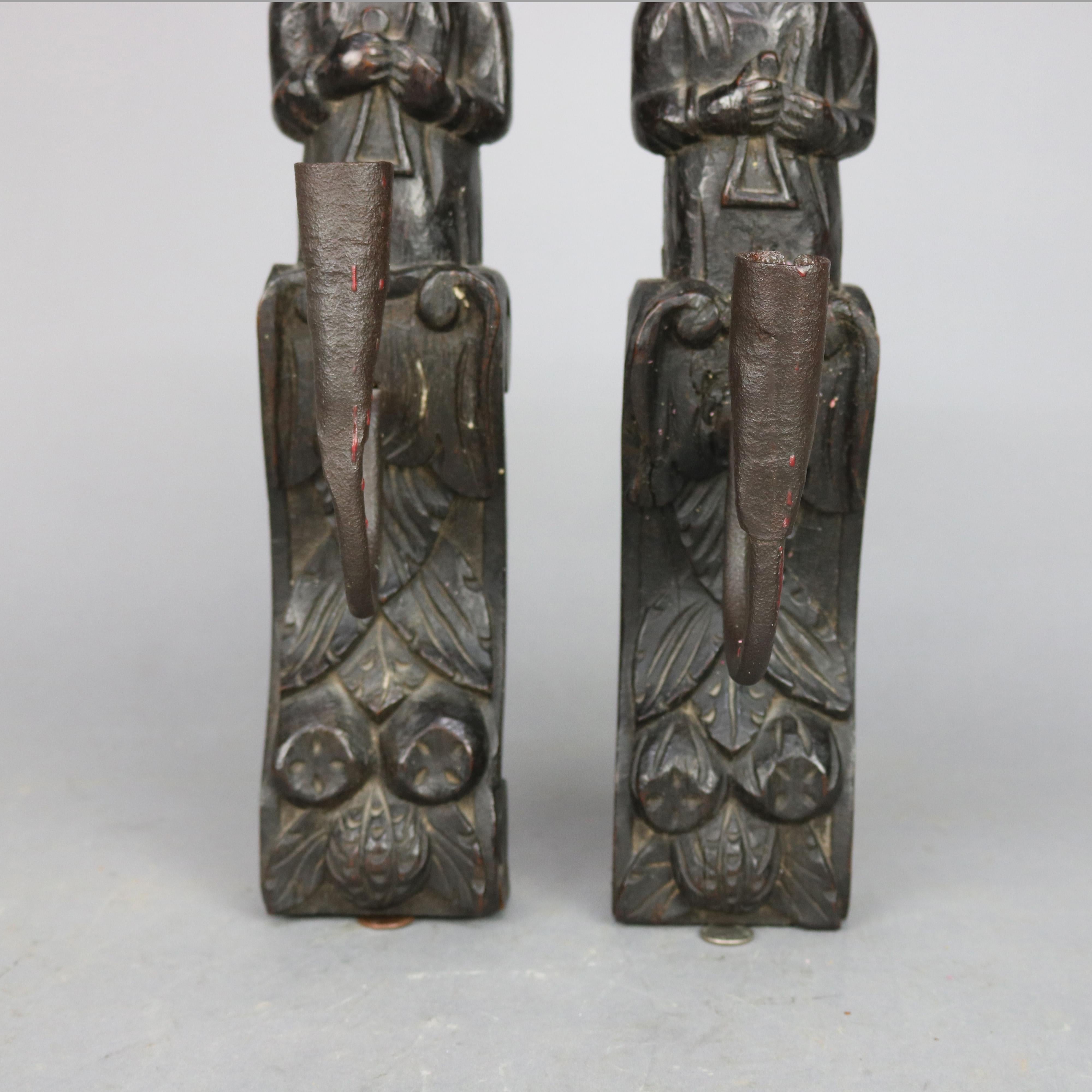 Early Jacobean Tudor Figural Carved Oak & Handwrought Iron Wall Sconces In Good Condition In Big Flats, NY