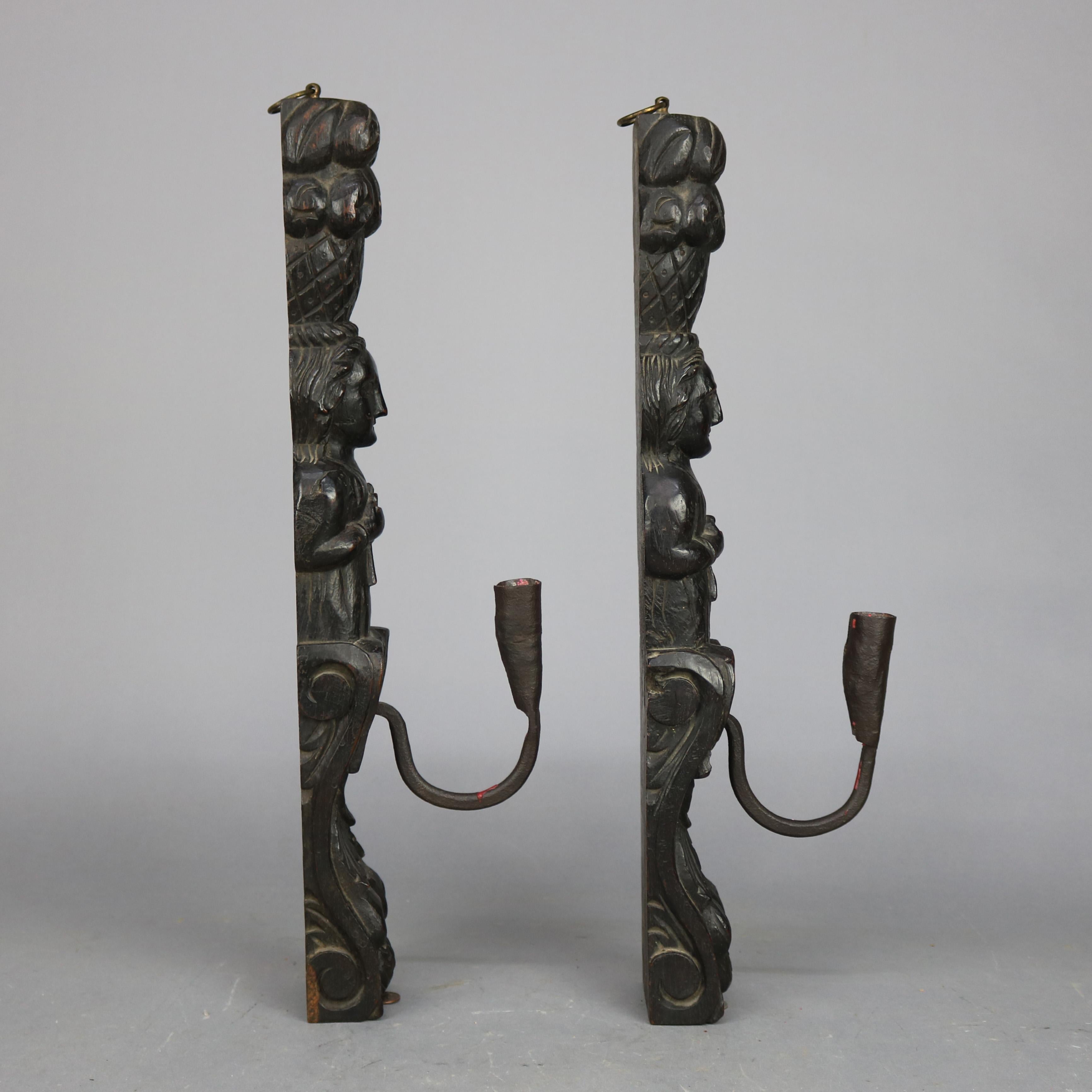 Wrought Iron Early Jacobean Tudor Figural Carved Oak & Handwrought Iron Wall Sconces