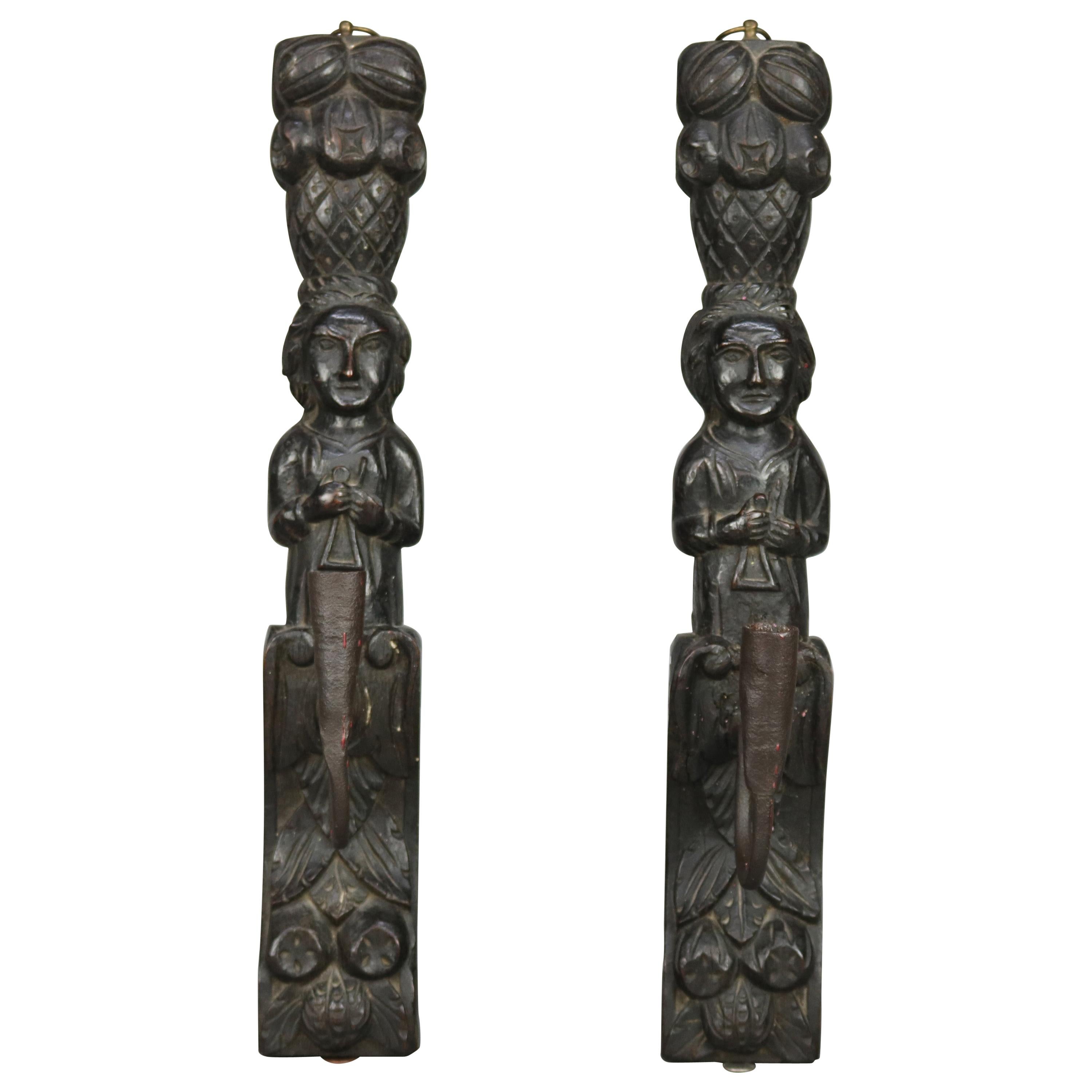 Early Jacobean Tudor Figural Carved Oak & Handwrought Iron Wall Sconces