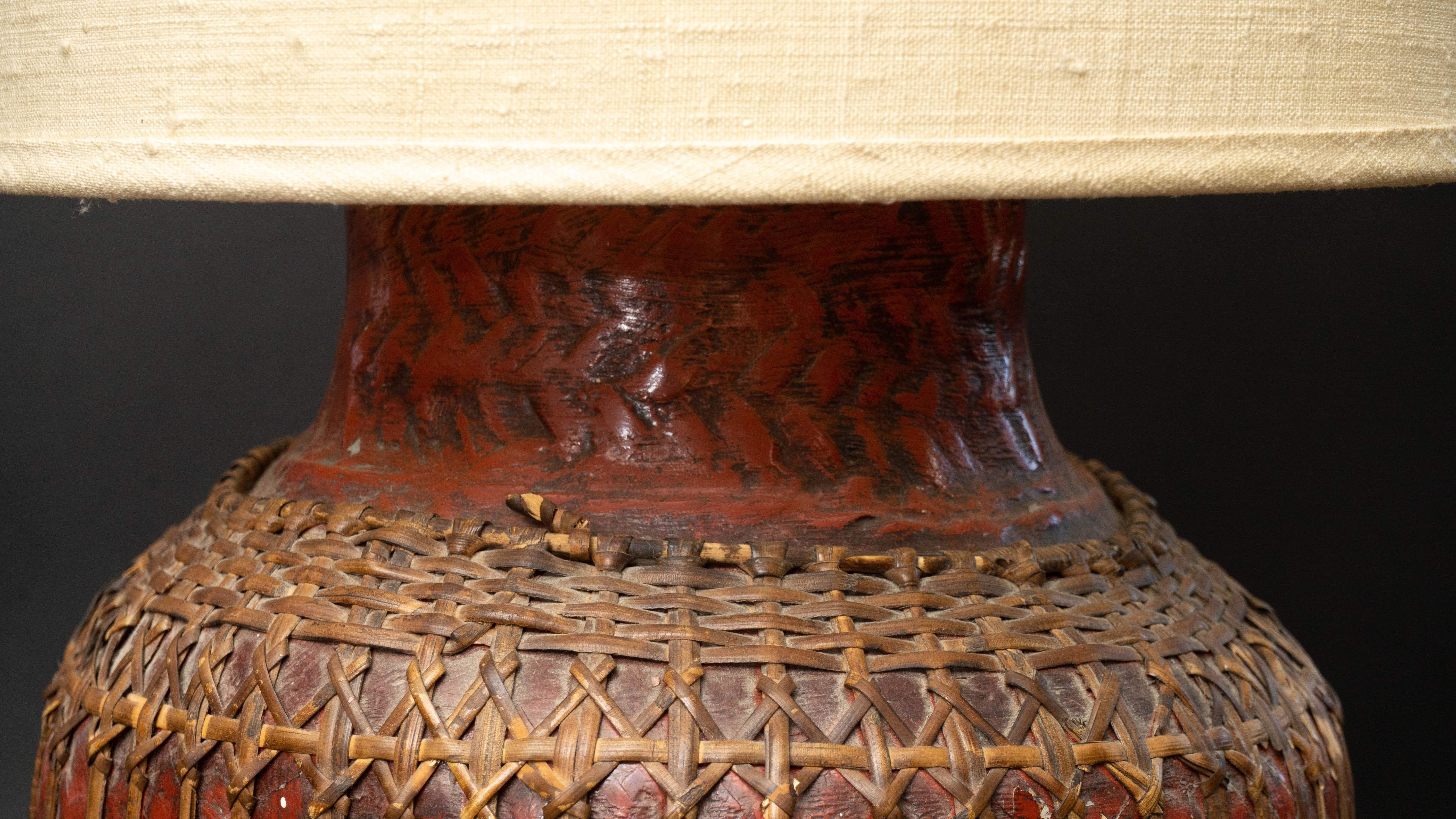 Early 20th Century Japanese Red Lacquer Basket Mounted as a Lamp In Good Condition For Sale In New York, NY