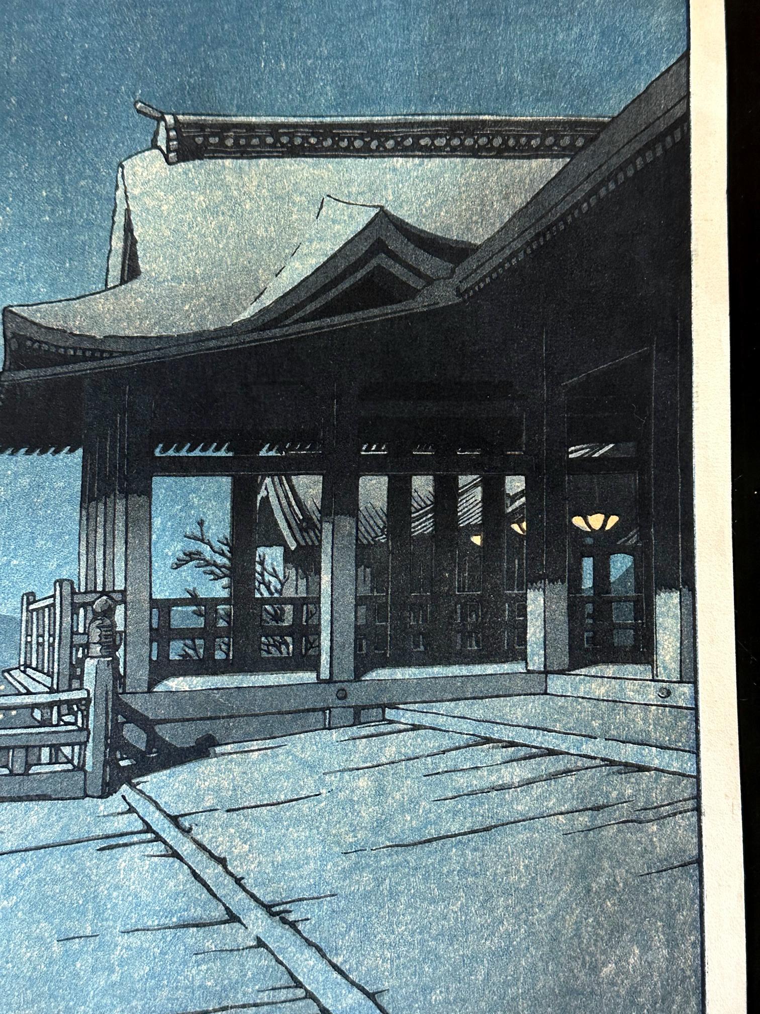 Papier Le temple japonais Kiyomizu-dera imprimé en bois du début de l'ère par Kawase Hasui en vente