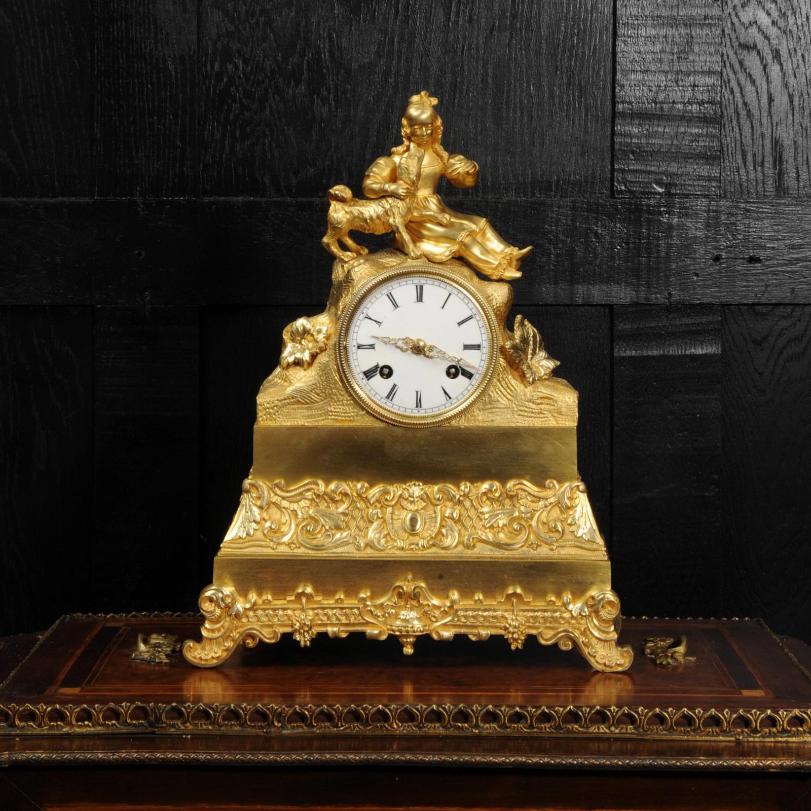 Louis Philippe Early Japy Freres Antique French Ormolu Clock, A Girl with her Dog