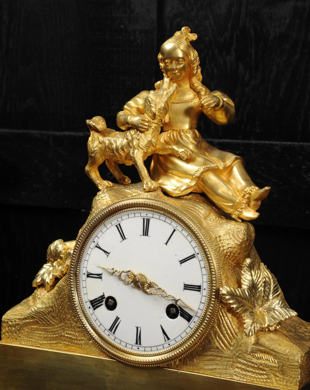 Gilt Early Japy Freres Antique French Ormolu Clock, A Girl with her Dog