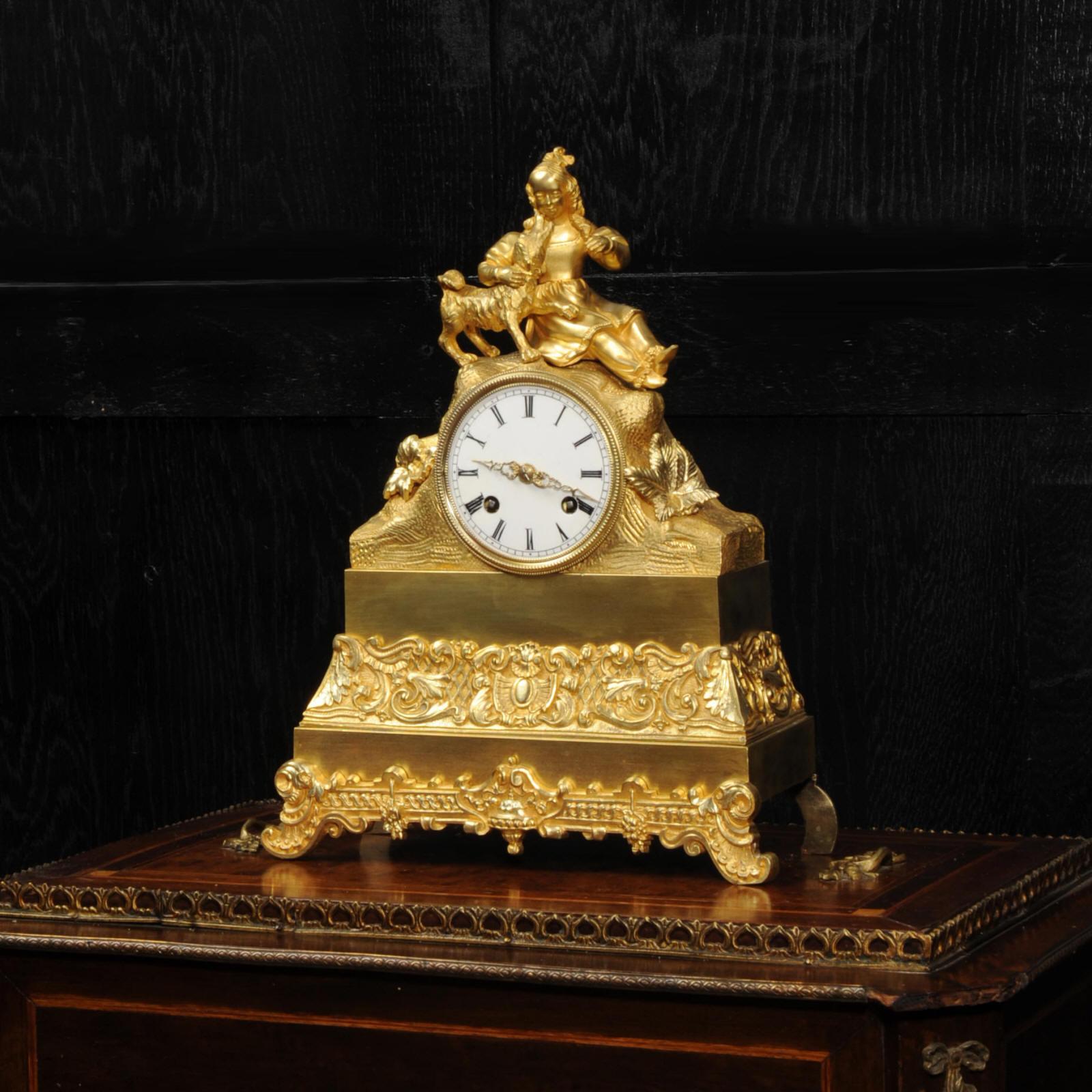 Early Japy Freres Antique French Ormolu Clock, A Girl with her Dog In Good Condition In Belper, Derbyshire