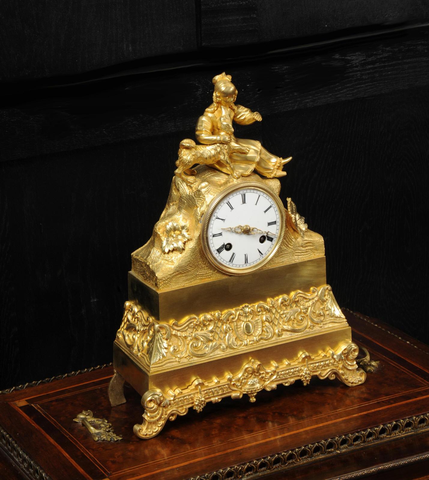 19th Century Early Japy Freres Antique French Ormolu Clock, A Girl with her Dog