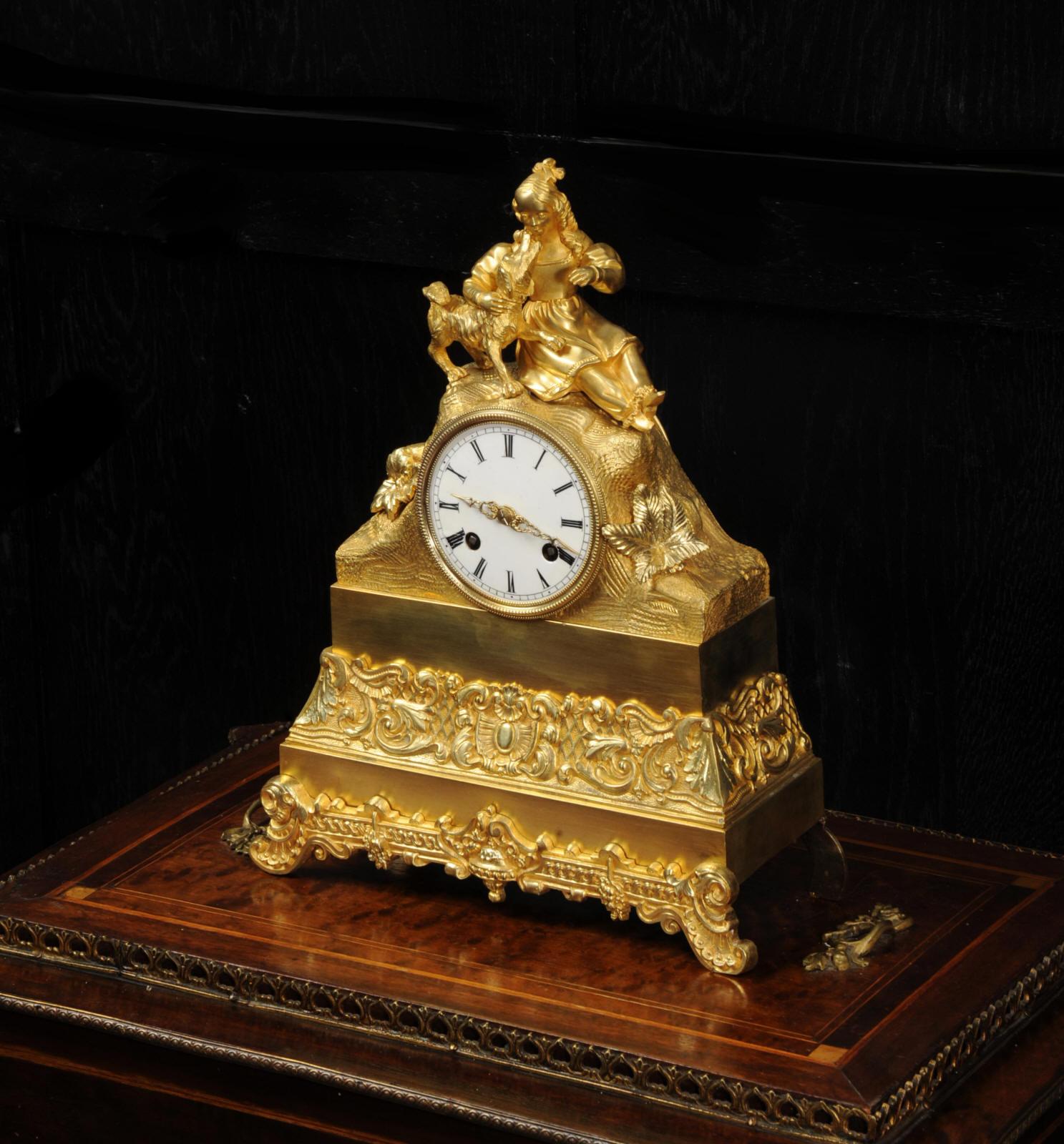 Early Japy Freres Antique French Ormolu Clock, A Girl with her Dog 1