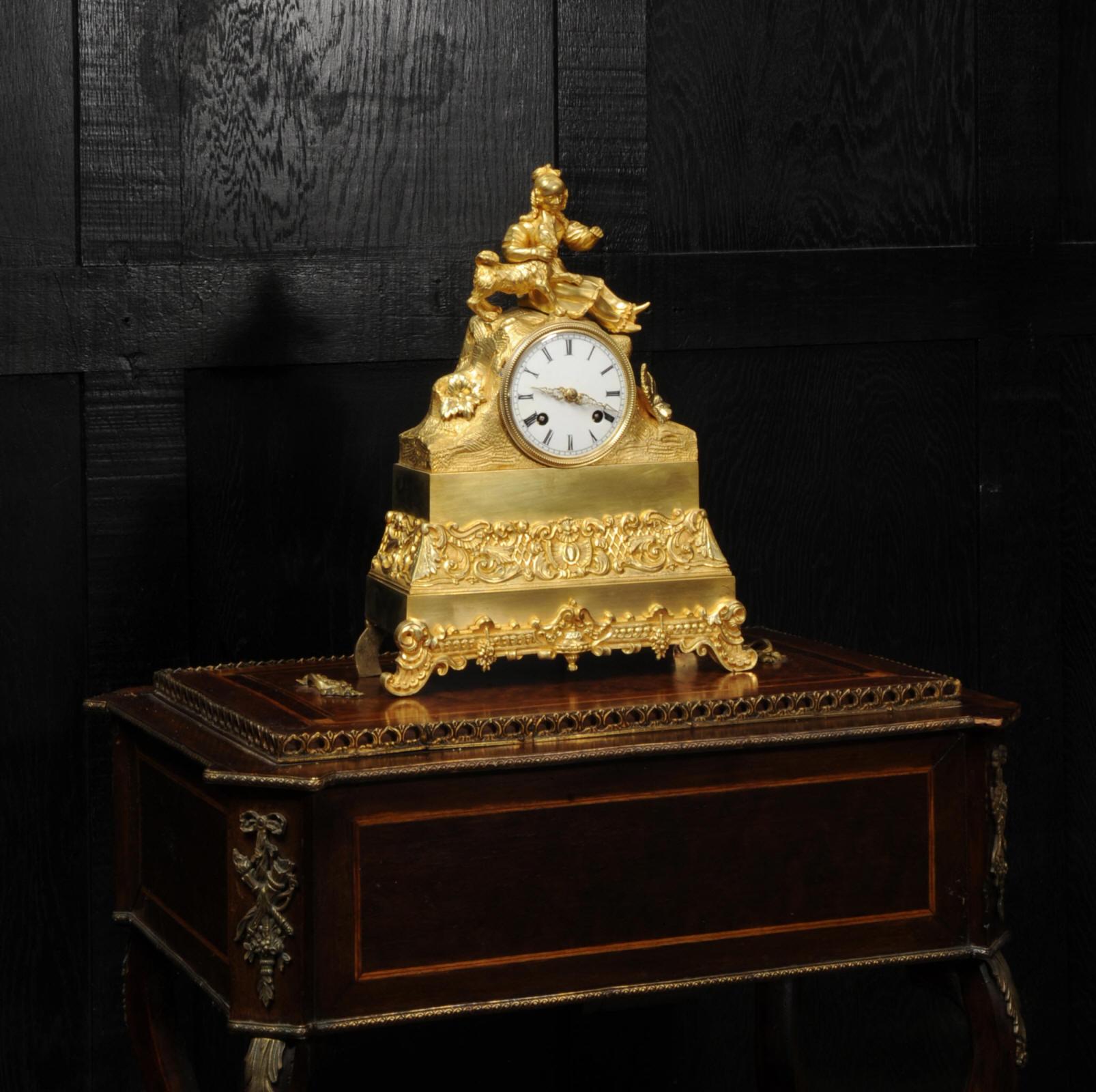 Early Japy Freres Antique French Ormolu Clock, A Girl with her Dog 2