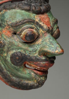 Early Java Dance Mask Green Red Black Pigments Early 20th Cent Indonesia
