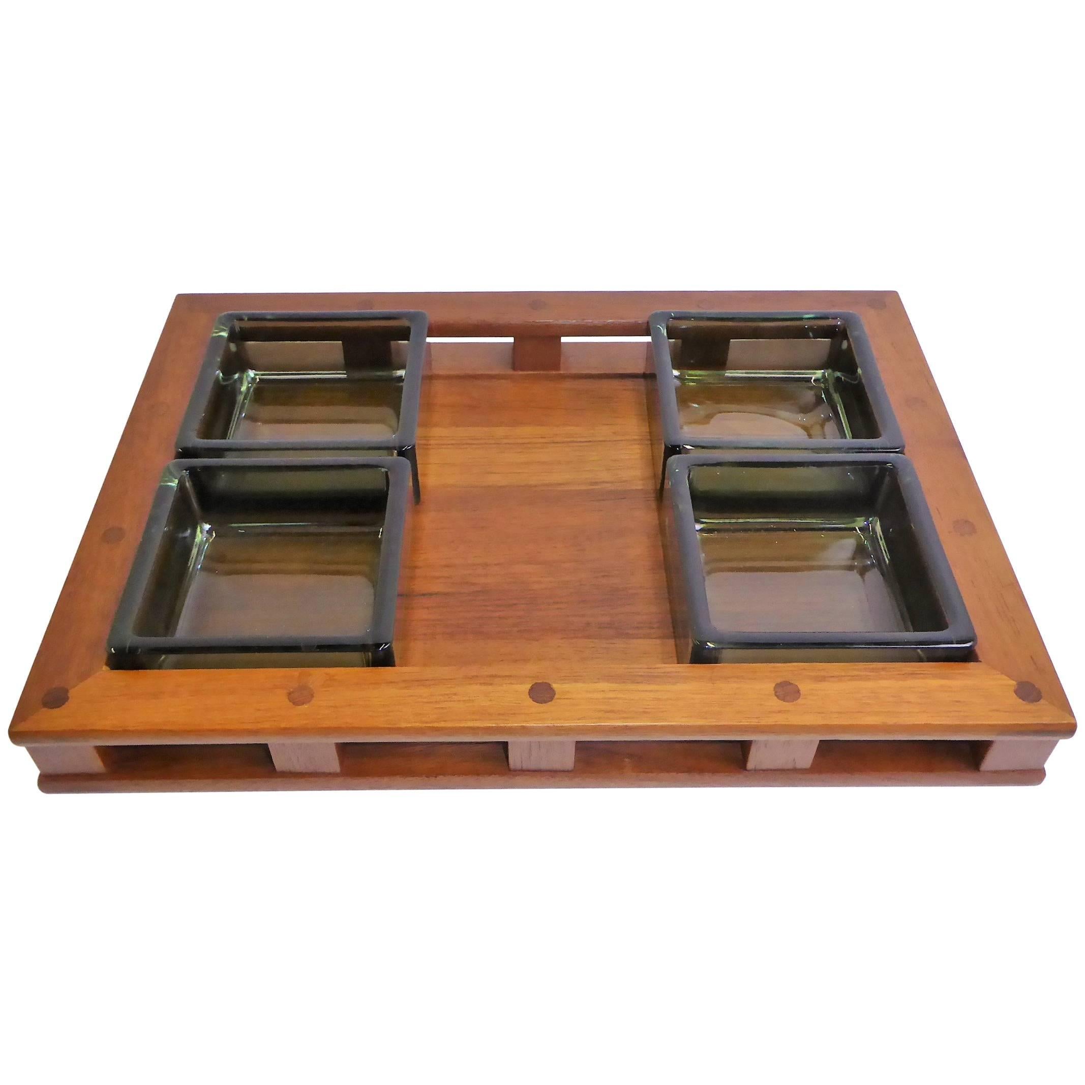 Early Jens Quistgaard Teak Serving Tray with Glass Inserts