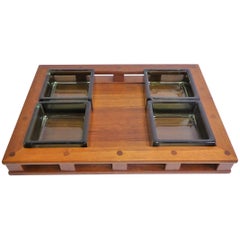 Early Jens Quistgaard Teak Serving Tray with Glass Inserts