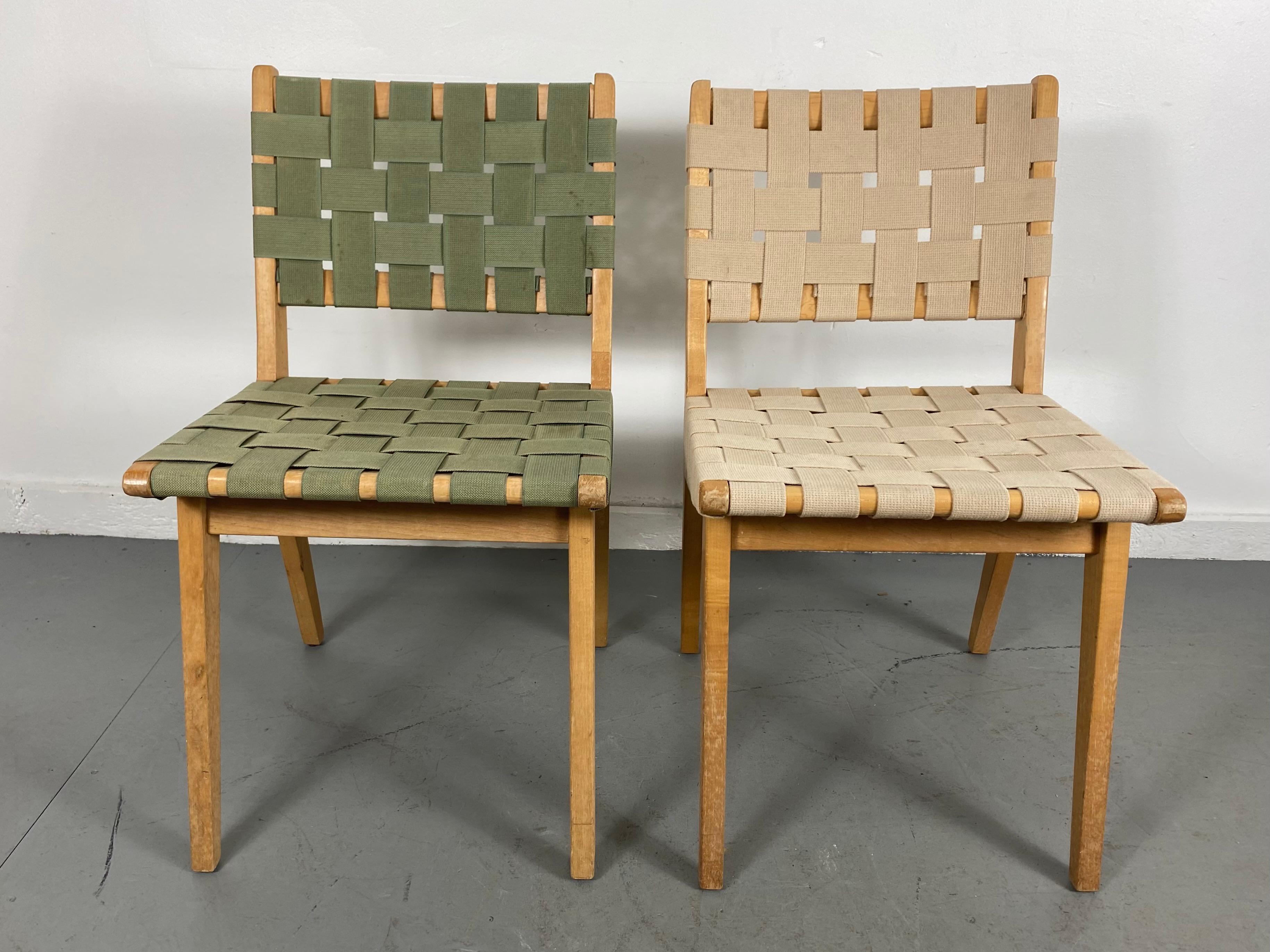 Early and hard to find design by Jens Risom for Knoll, model 666 chairs having birch frames and cloth webbing seats. These chairs are in original and untouched condition, both show light cosmetic wear, normal and consistent with age. ...