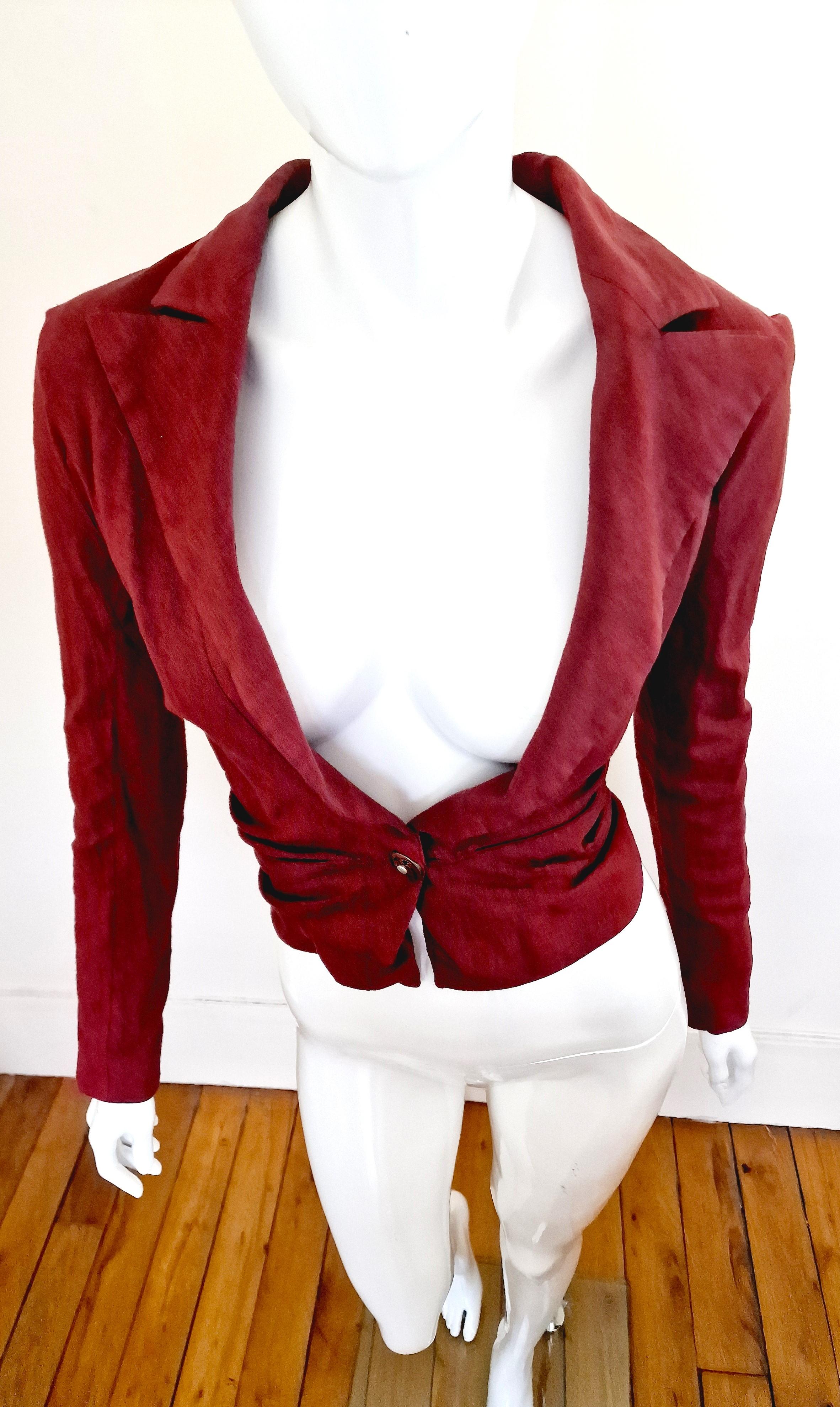 Early John Galliano Ruched Vintage 80s 90s Red Brown Bordeaux XS Blazer Jacket For Sale 1