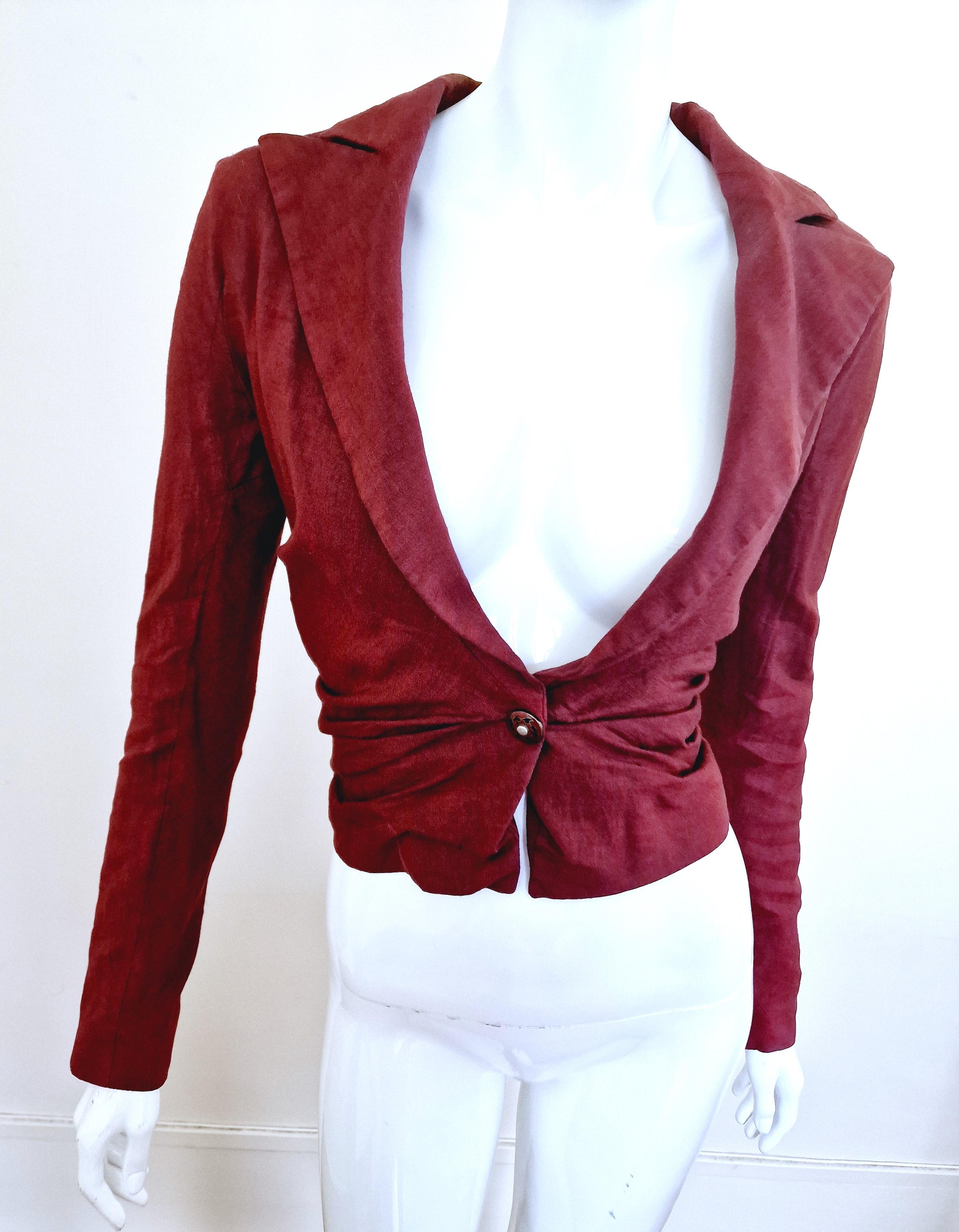 Early John Galliano Ruched Vintage 80s 90s Red Brown Bordeaux XS Blazer Jacket For Sale 3