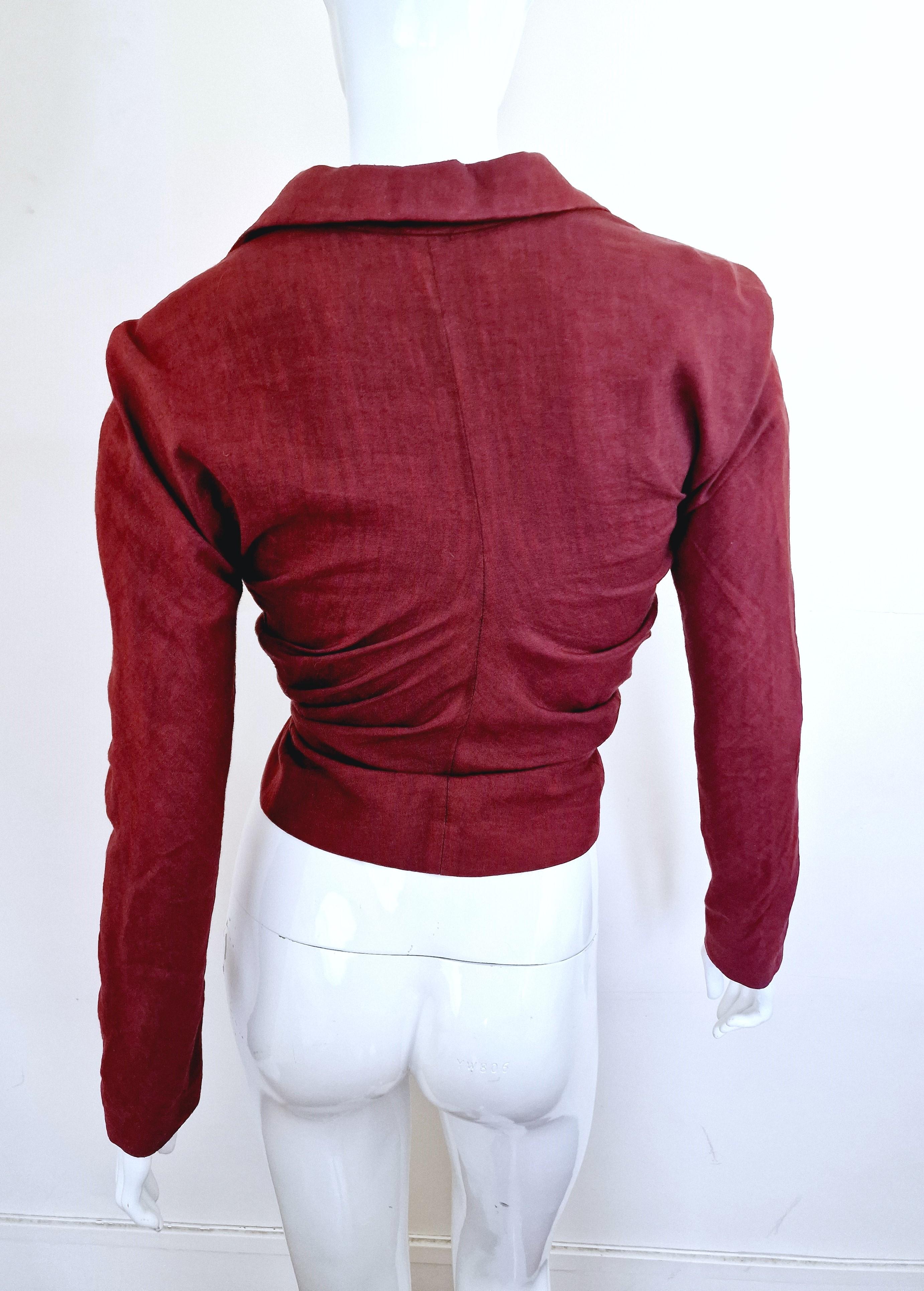 Early John Galliano Ruched Vintage 80s 90s Red Brown Bordeaux XS Blazer Jacket For Sale 4