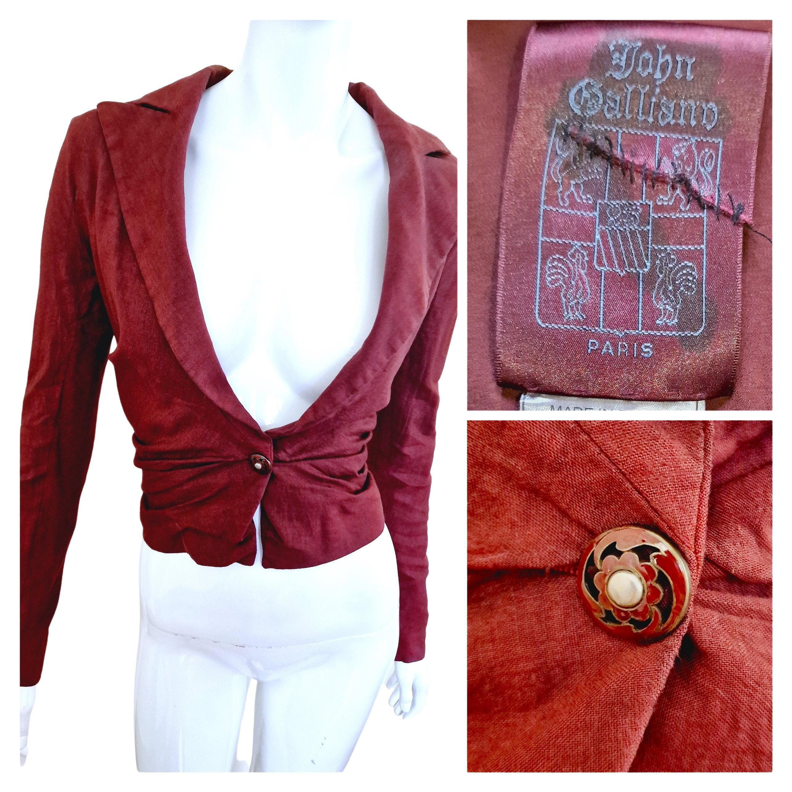 Early John Galliano Ruched Vintage 80s 90s Red Brown Bordeaux XS Blazer Jacket For Sale