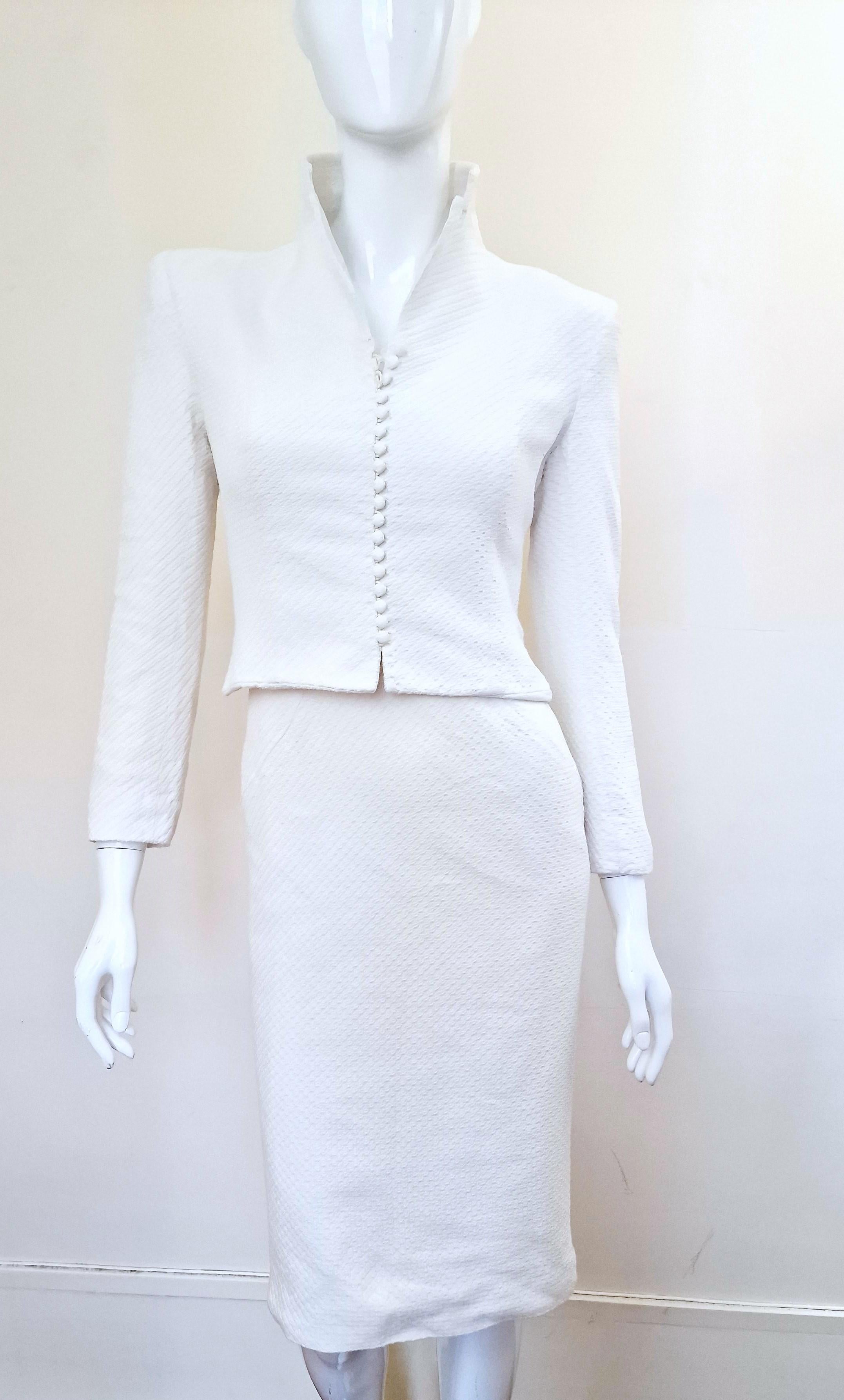 Early beautiful piece by John Galliano!
Dress + jacket set!
Wonderful silhouette!
18 buttons on the jacket.
The jacket has shoulder pads. 
Fully lined.

LIKE NEW!

SIZE
Fits from XS to small.
Marked size: small.

JACKET
Fits: size small.
Marked