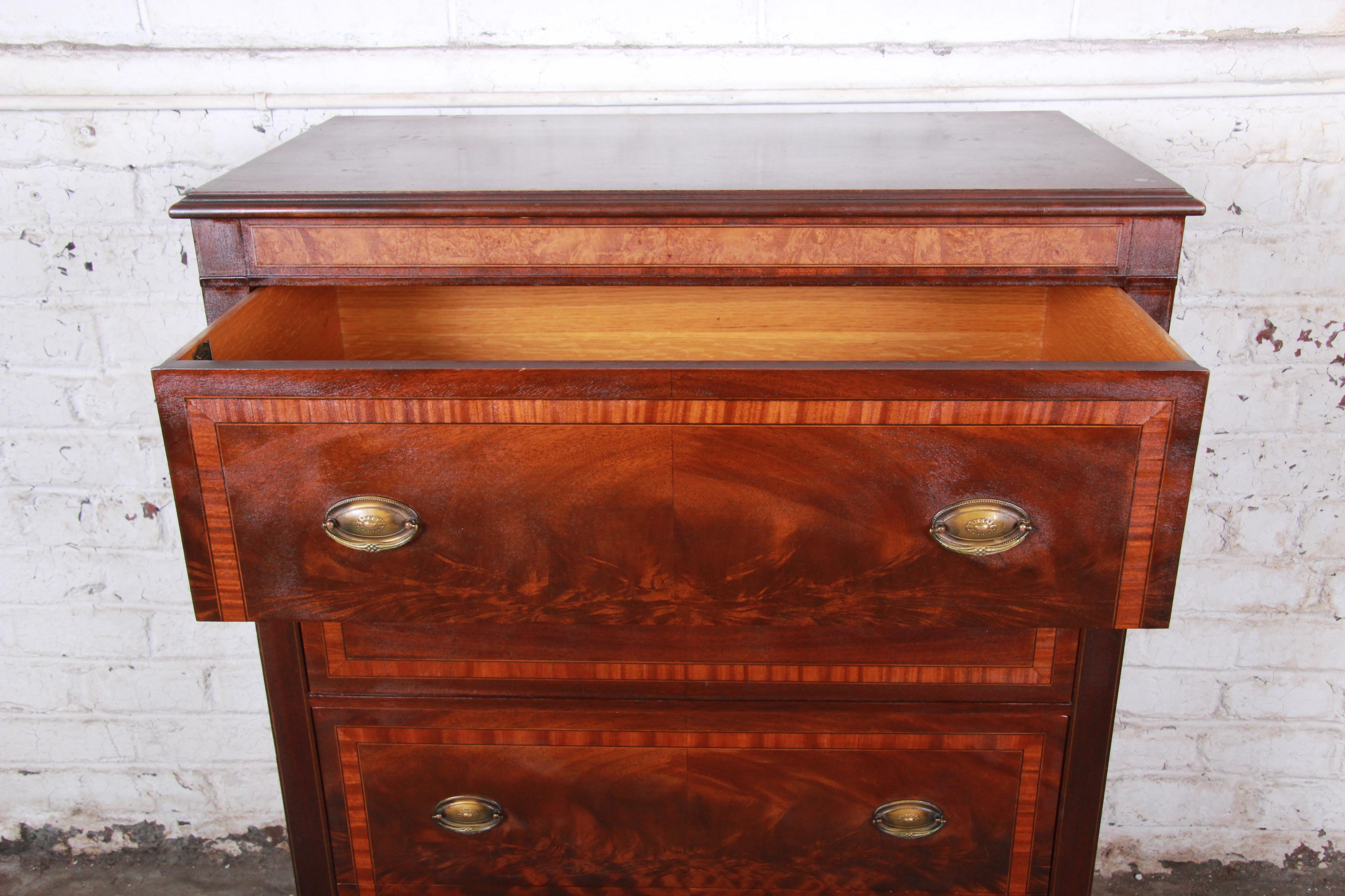 Early John Widdicomb Flame Mahogany Highboy Dresser, circa 1920s In Good Condition In South Bend, IN