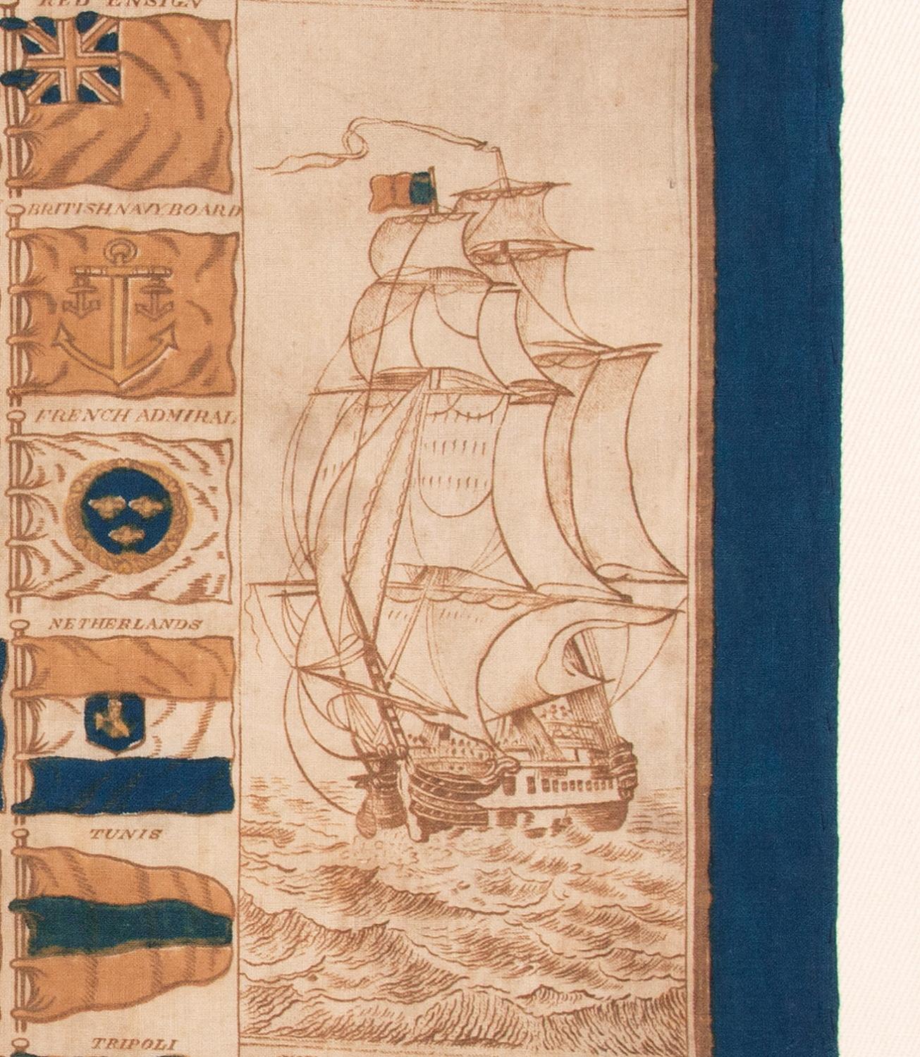 Antiguo pañuelo con una carta de 152 banderas marítimas internacionales, hacia 1837-1845 Europeo